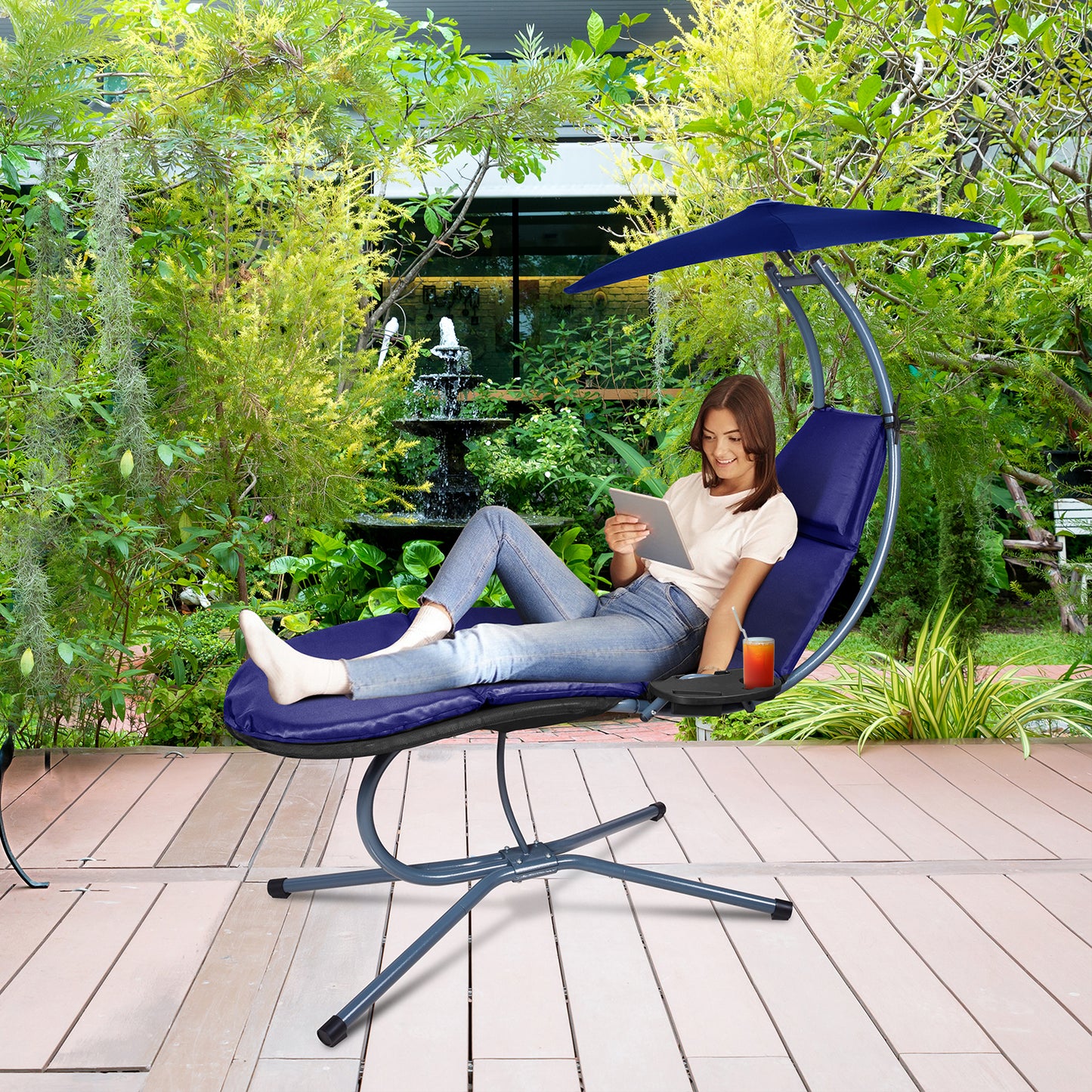 RANSENERS Schwebeliege mit Verstellbarem Sonnendach, Bequeme Schaukelliege pure Entspannung im Garten (Blau)