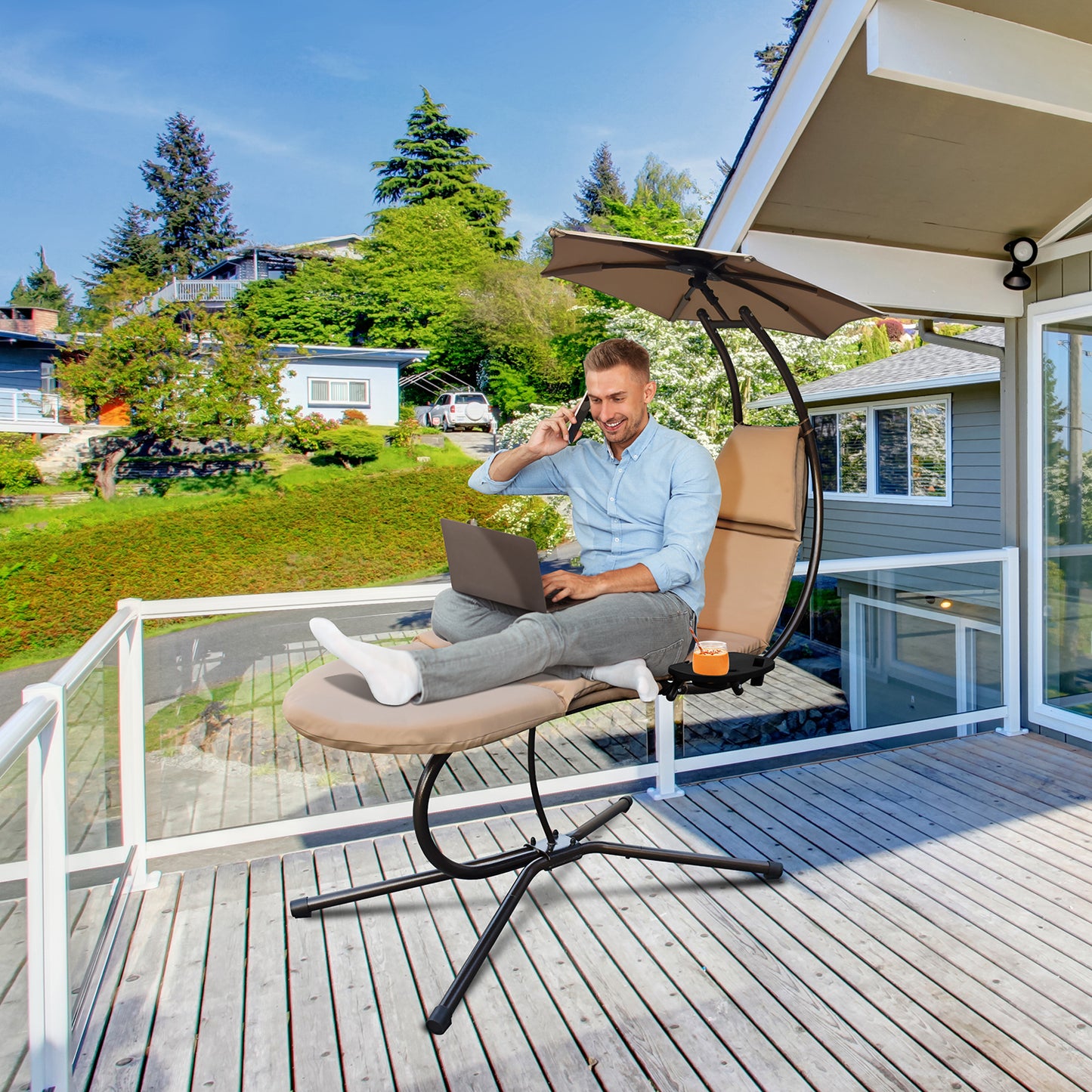 RANSENERS Schwebeliege mit Verstellbarem Sonnendach, Bequeme Schaukelliege pure Entspannung im Garten (Beige)
