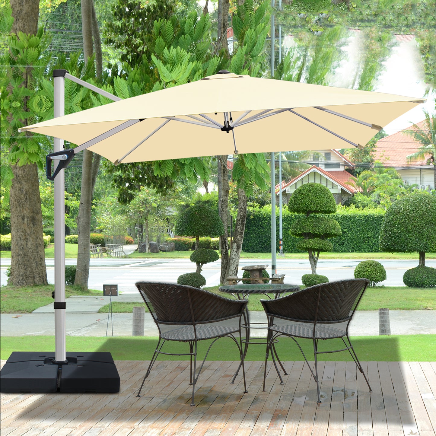 RANSENERS Premium Ampelschirm mit Kreuzfuß, Quadratisch 270 x 270 cm, mit 360° Drehbar, UV-Schutz UPF50+ (Creme)