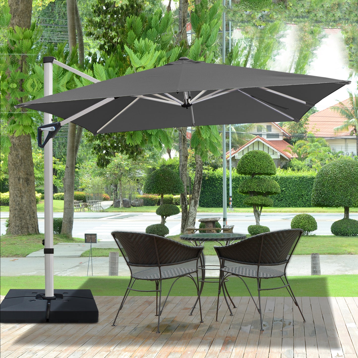 RANSENERS Premium Ampelschirm mit Schirmständer, Quadratisch 270 x 270 cm, mit 360° Drehbar, UV-Schutz UPF50+ (Grau)