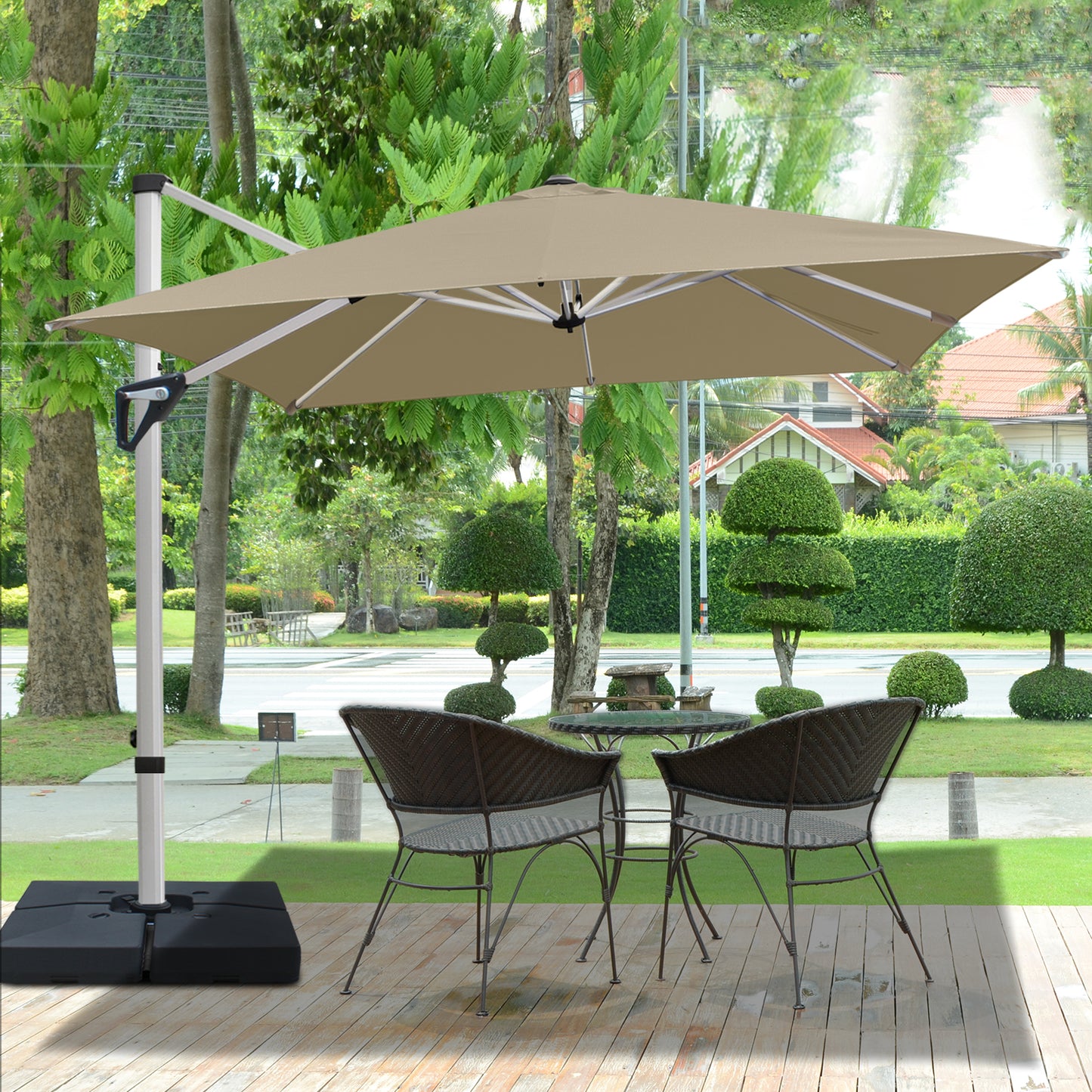 RANSENERS Premium Ampelschirm mit Schirmständer, Quadratisch 270 x 270 cm, mit 360° Drehbar, UV-Schutz UPF50+ (Beige)