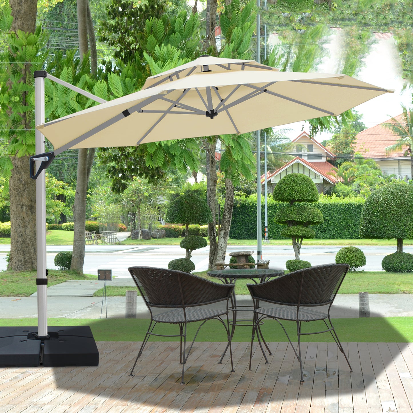 RANSENERS Premium Ampelschirm mit Schirmständer, Rund Ø 300cm, mit 360° Drehbar, UV-Schutz UPF50+ (Creme)