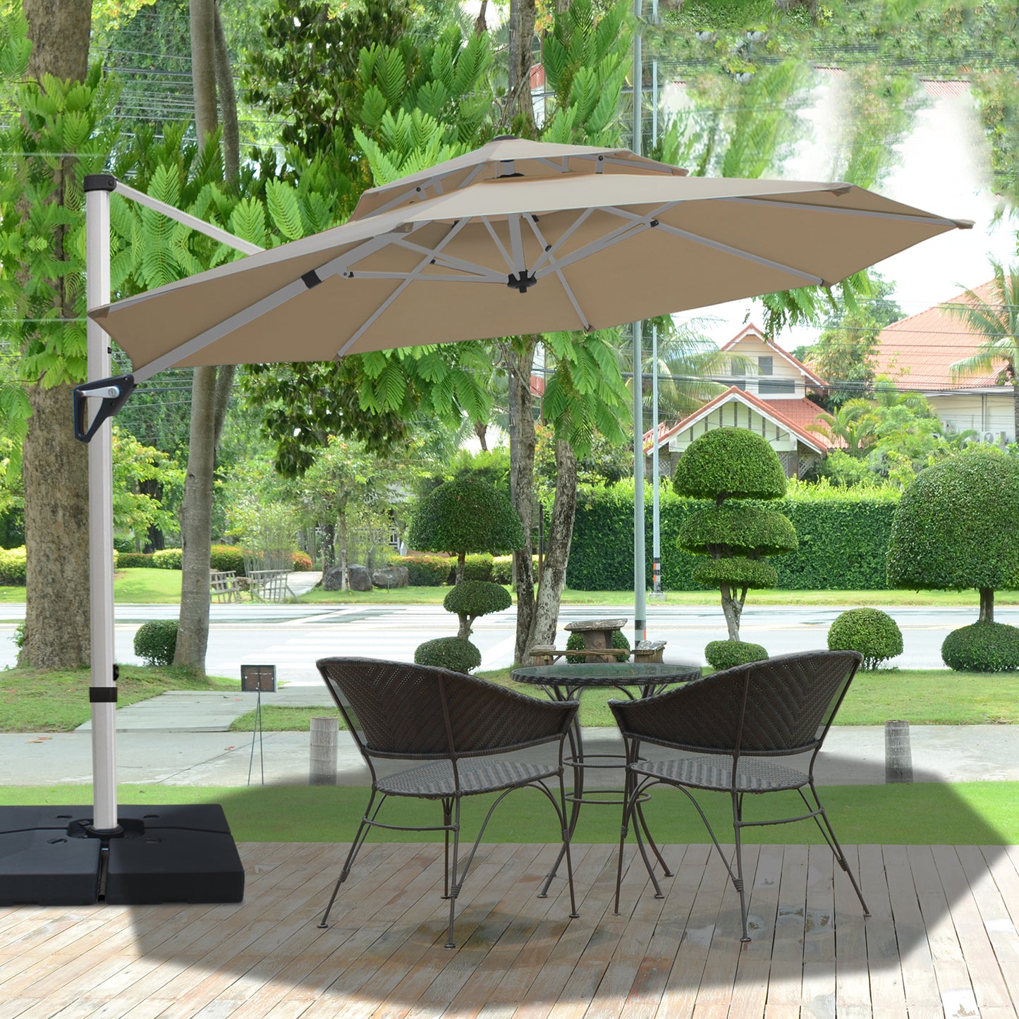 RANSENERS Premium Ampelschirm mit Schirmständer, Rund Ø 300cm, mit 360° Drehbar, UV-Schutz UPF50+ (Beige)