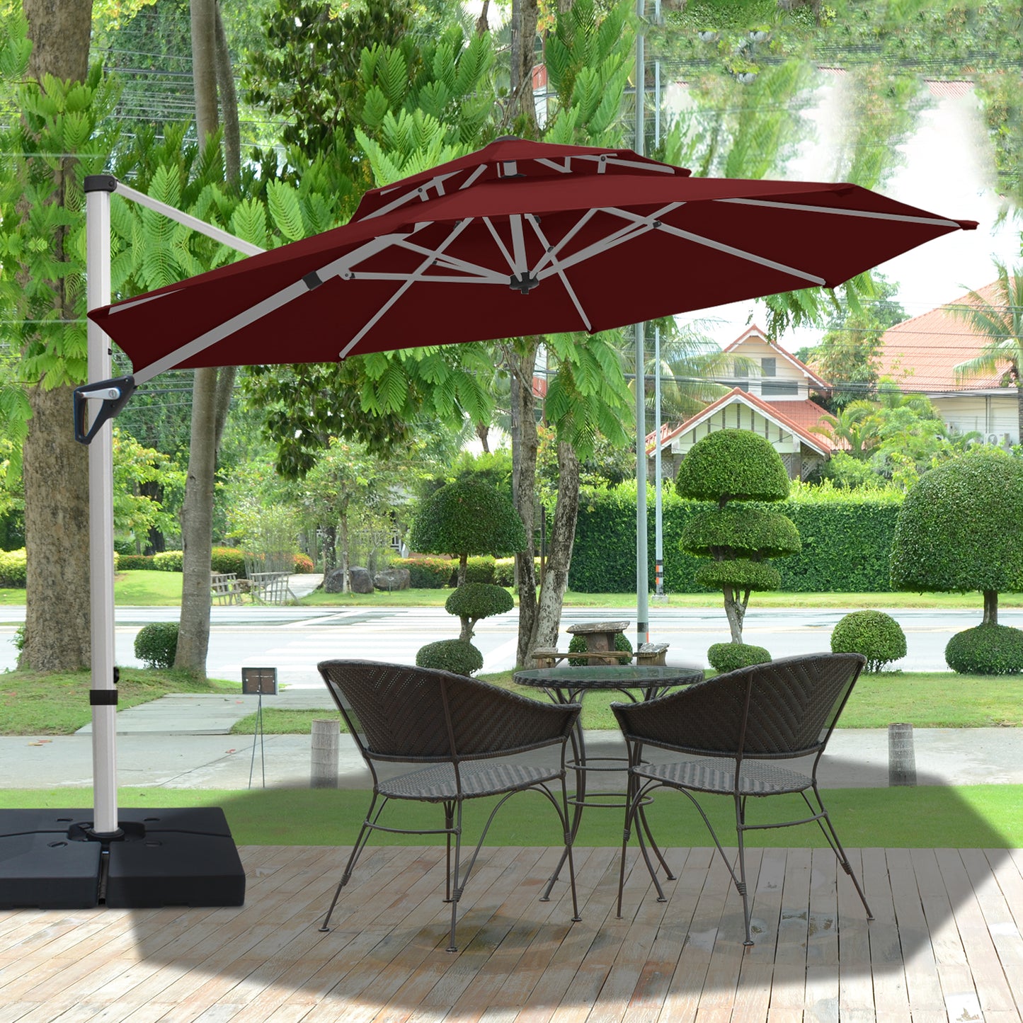 RANSENERS Premium Ampelschirm mit Schirmständer, Rund Ø 300cm, mit 360° Drehbar, UV-Schutz UPF50+ (Rotwein)