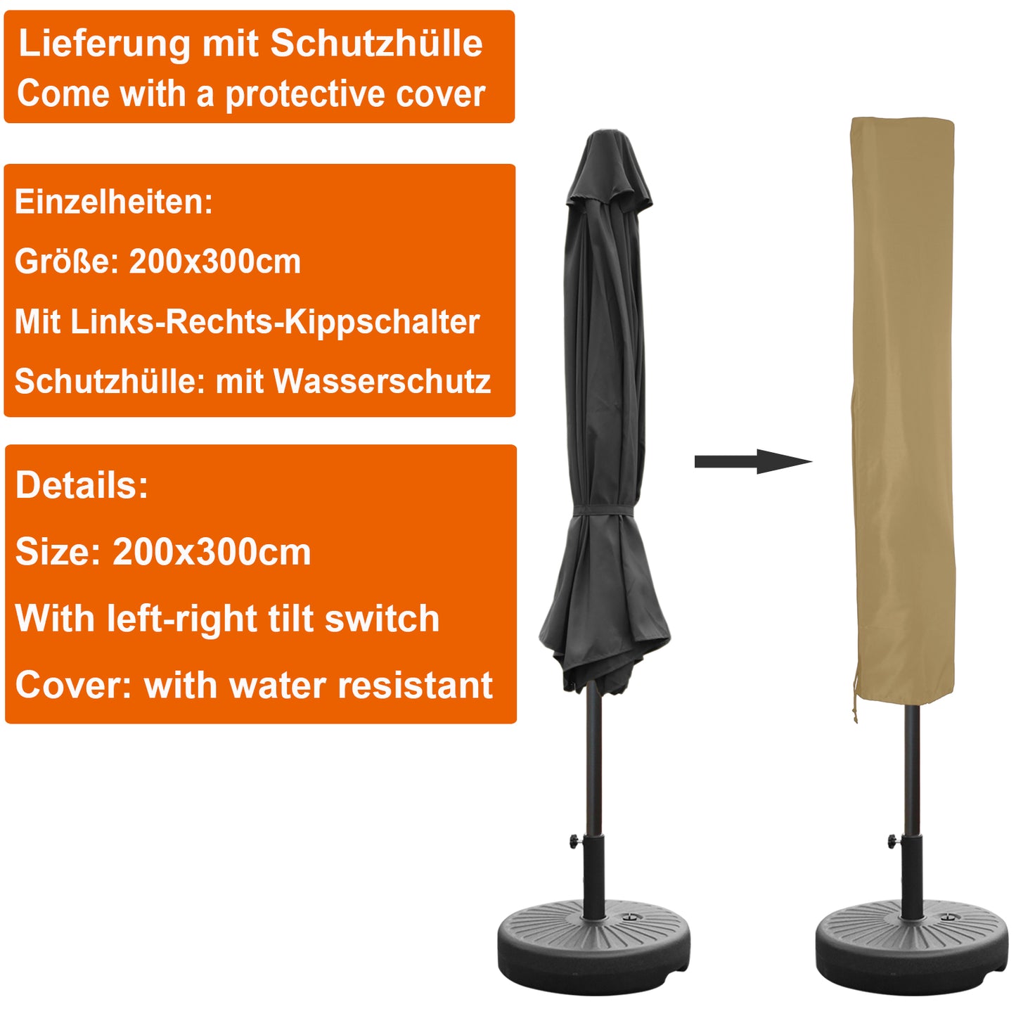 RANSENERS Kippbarer Sonnenschirm Rechteckig 200 x 300 cm mit Schirmständer, Schutzhülle Inklusive, 200g/㎡ Gewebe mit UV50+ für Garten, Terrasse, Kaffeehaus im Freien