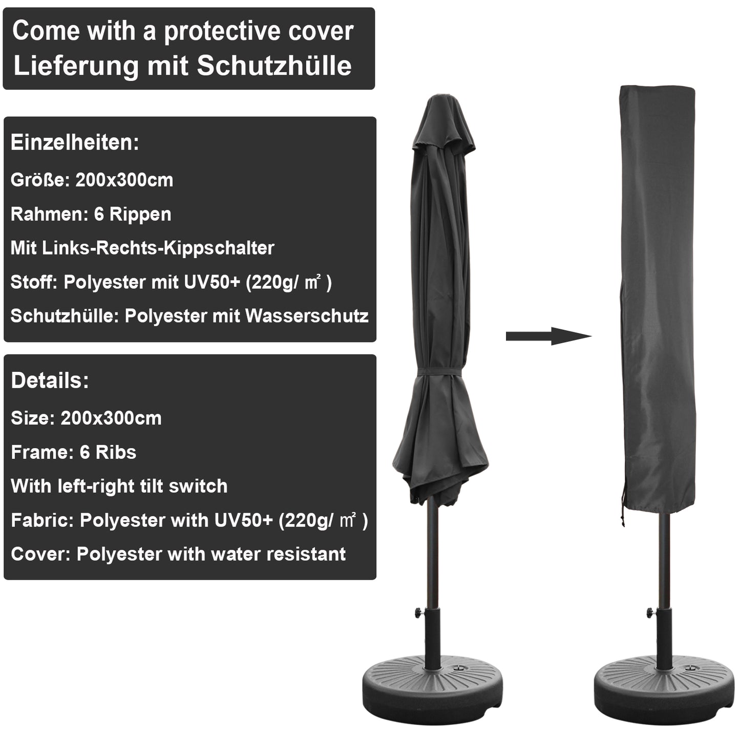 RANSENERS Kippbarer Sonnenschirm mit Schirmständer, Rechteckig 200 x 300 cm Gartenschirm, UV-Schutz UPF50+ (Grau)