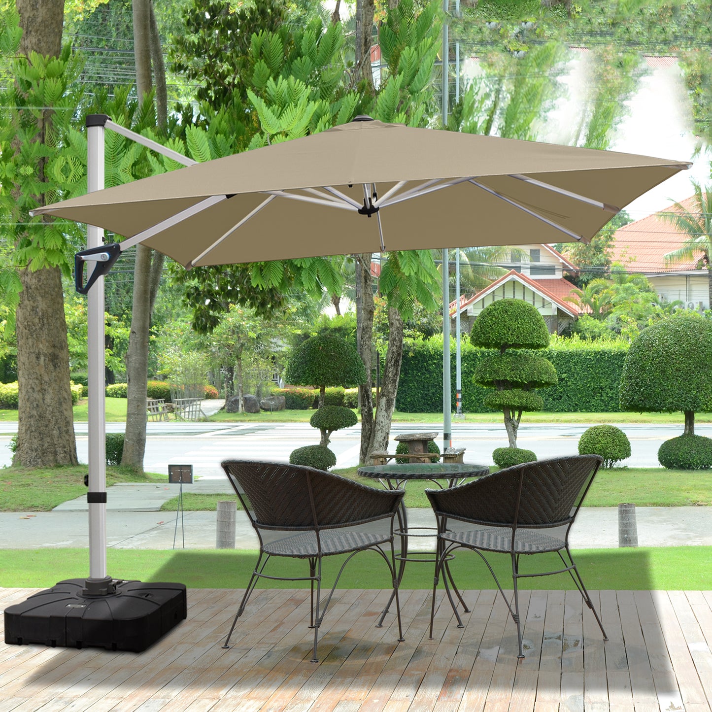 RANSENERS Premium Ampelschirm mit Kreuzfuß, Quadratisch 270 x 270 cm, mit 360° Drehbar, UV-Schutz UPF50+ (Beige)