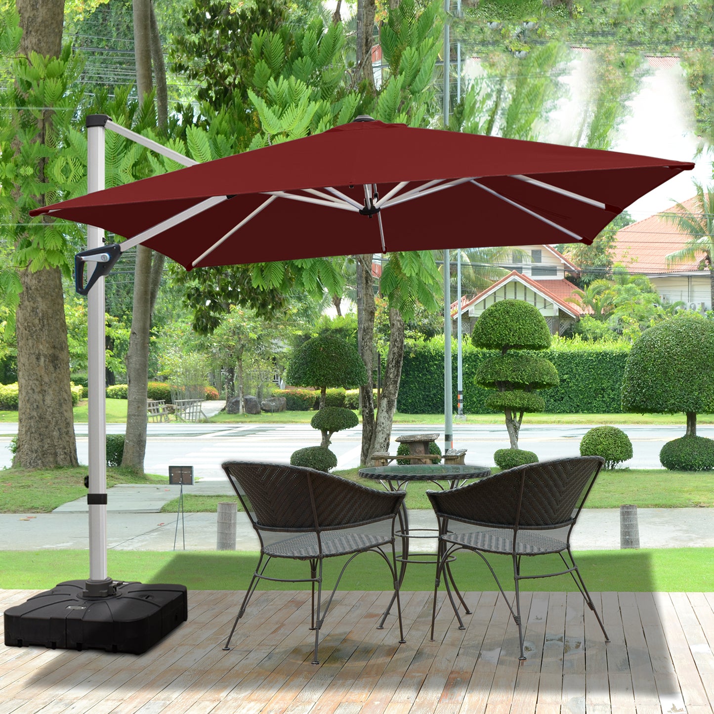 RANSENERS Premium Ampelschirm mit Kreuzfuß, Quadratisch 270 x 270 cm, mit 360° Drehbar, UV-Schutz UPF50+ (Rotwein)