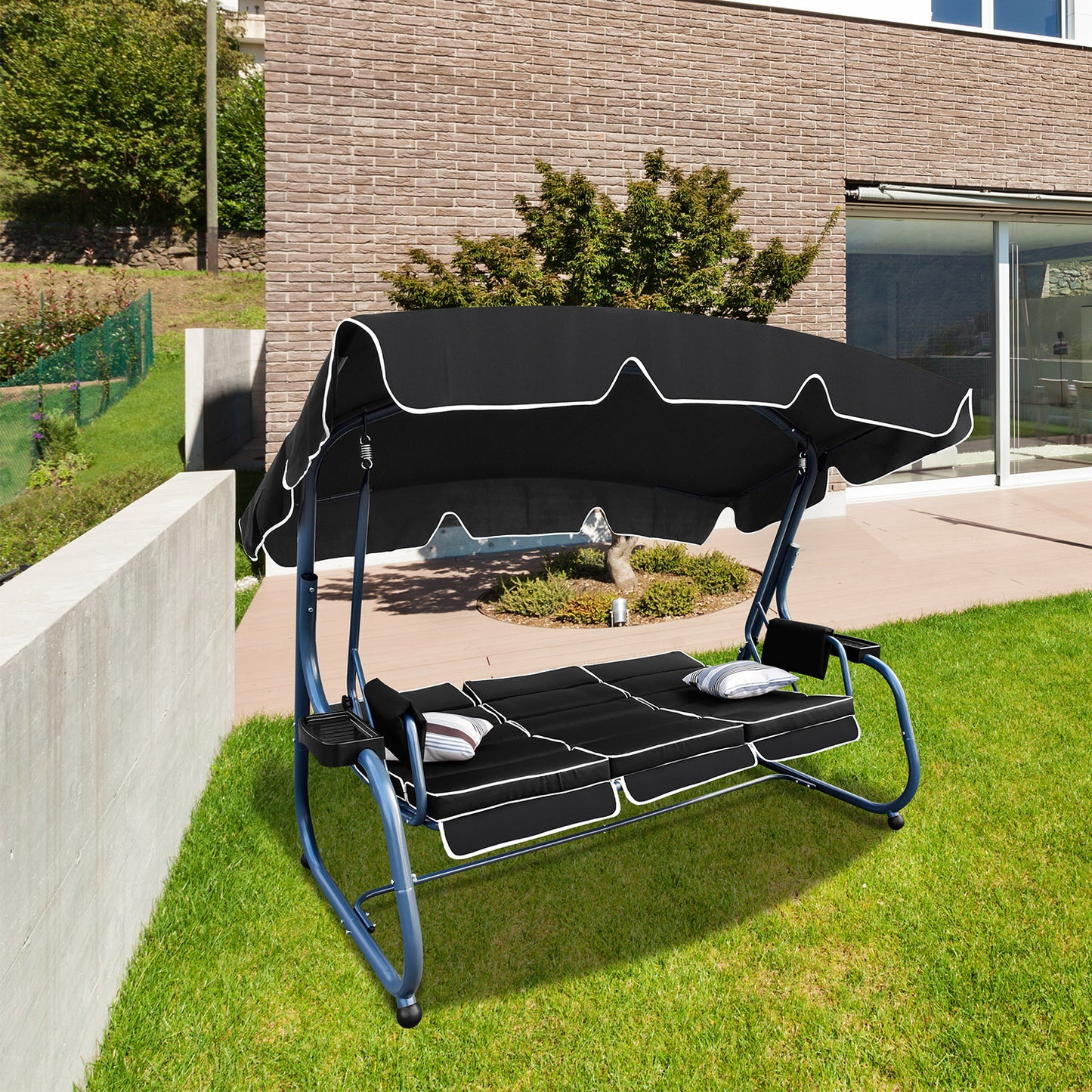 RANSENER Luxus 3-Sitzer Hollywookschaukel mit Liegefunktion und Verstellbarem Sonnendach, Premium Gartenschaukel Entspannung pur im Garten und Terrasse