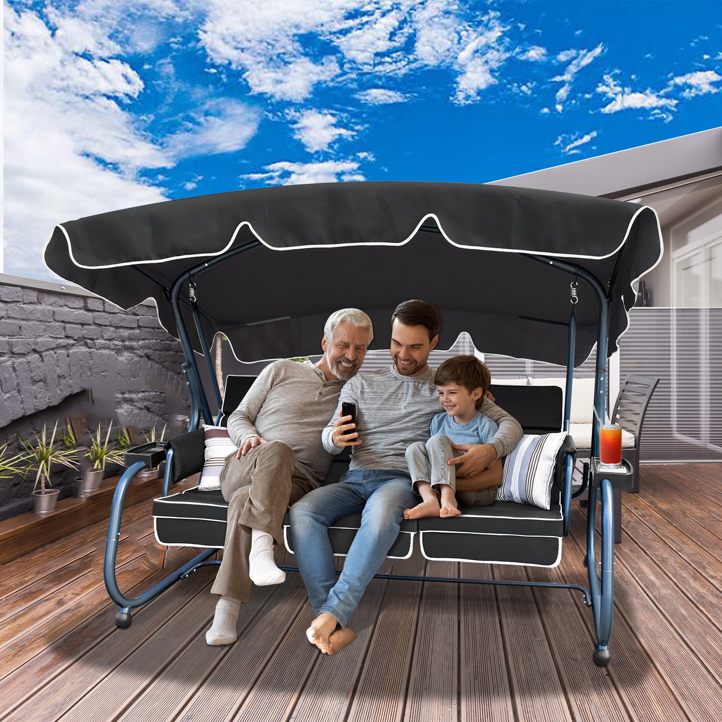 RANSENER Luxus 3-Sitzer Hollywookschaukel mit Liegefunktion und Verstellbarem Sonnendach, Premium Gartenschaukel Entspannung pur im Garten und Terrasse