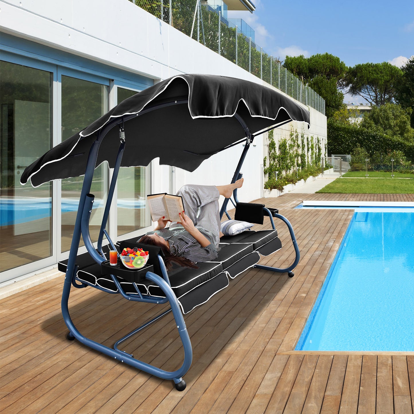 RANSENER Luxus 3-Sitzer Hollywookschaukel mit Liegefunktion und Verstellbarem Sonnendach, Premium Gartenschaukel Entspannung pur im Garten und Terrasse