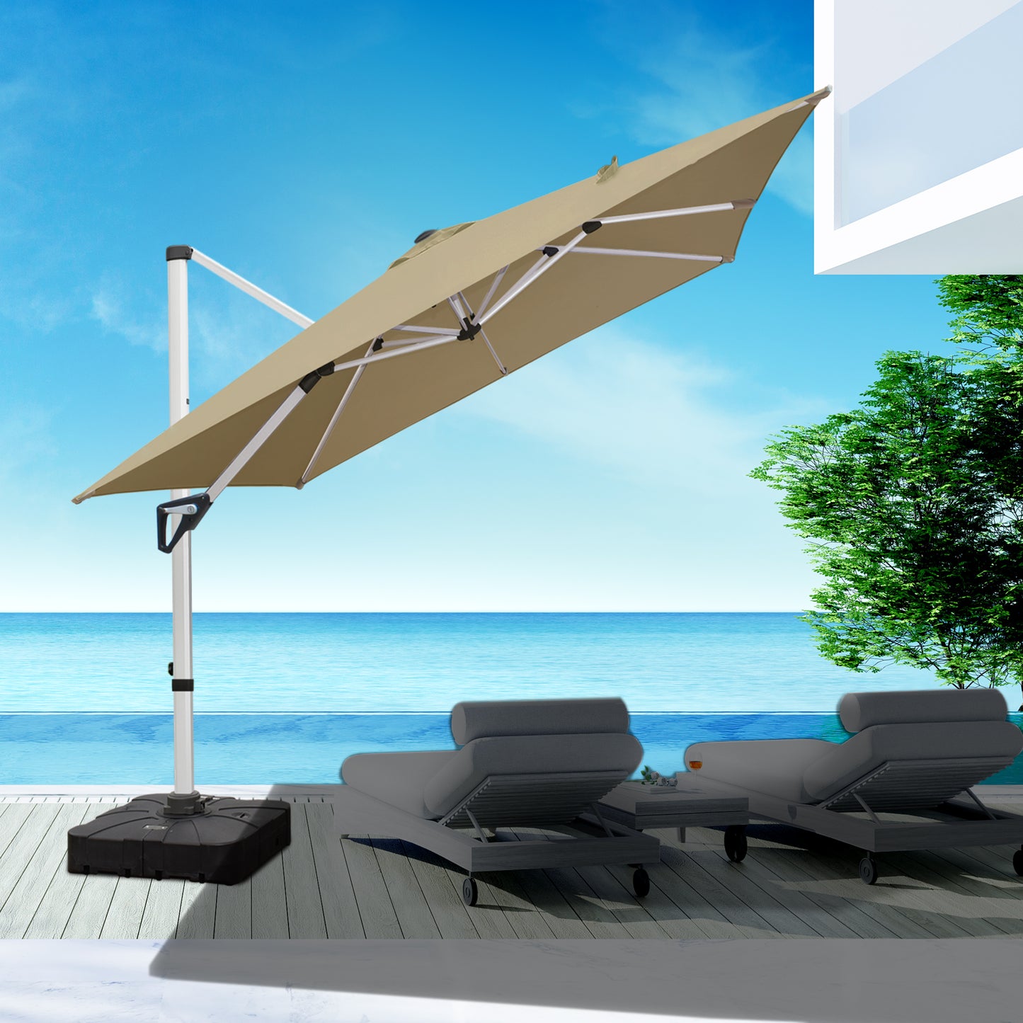 RANSENERS Premium Ampelschirm 270 x 270 cm mit Schirmständer, Aluminium Rahmen, 360° Drehbar, Neigbar 0°-90°, 240 g/m² Extra-Dicker Gewebe mit UV50+, für Garten, Kaffeehaus im Freien