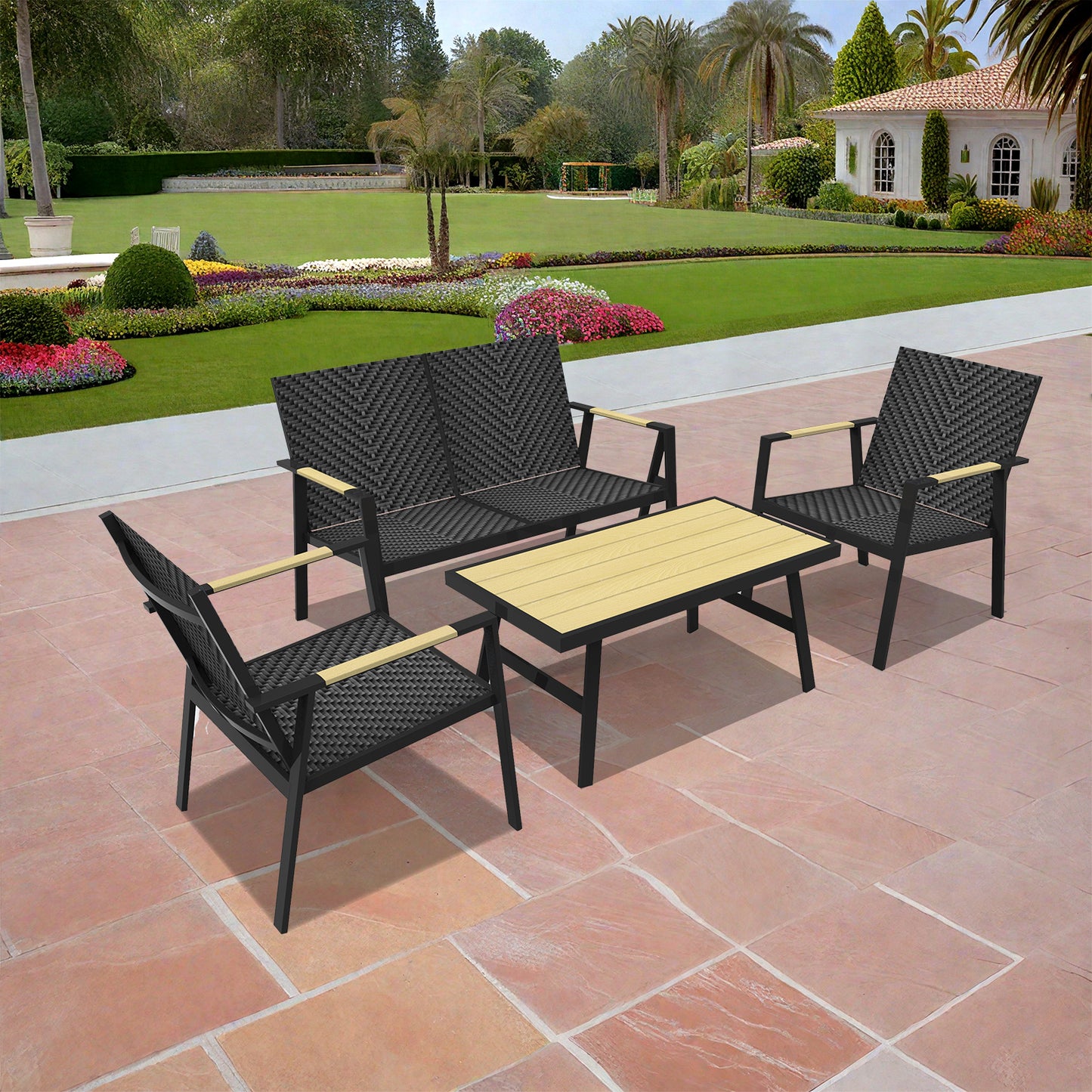 RANSENERS Premium 4tlg-Set Gartenmöbelset mit Vollemaluminium Rahmen und Polyrattan Sitzfläche für Garten Terrasse und Balkon (Schwarz)
