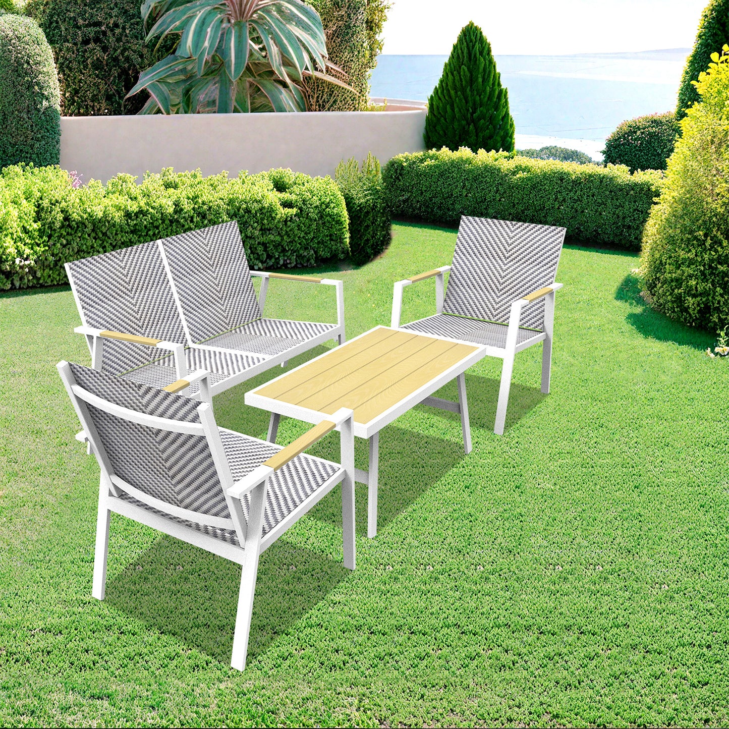 RANSENERS Premium 4tlg-Set Gartenmöbelset mit Vollemaluminium Rahmen und Polyrattan Sitzfläche für Garten Terrasse und Balkon (Weiß)