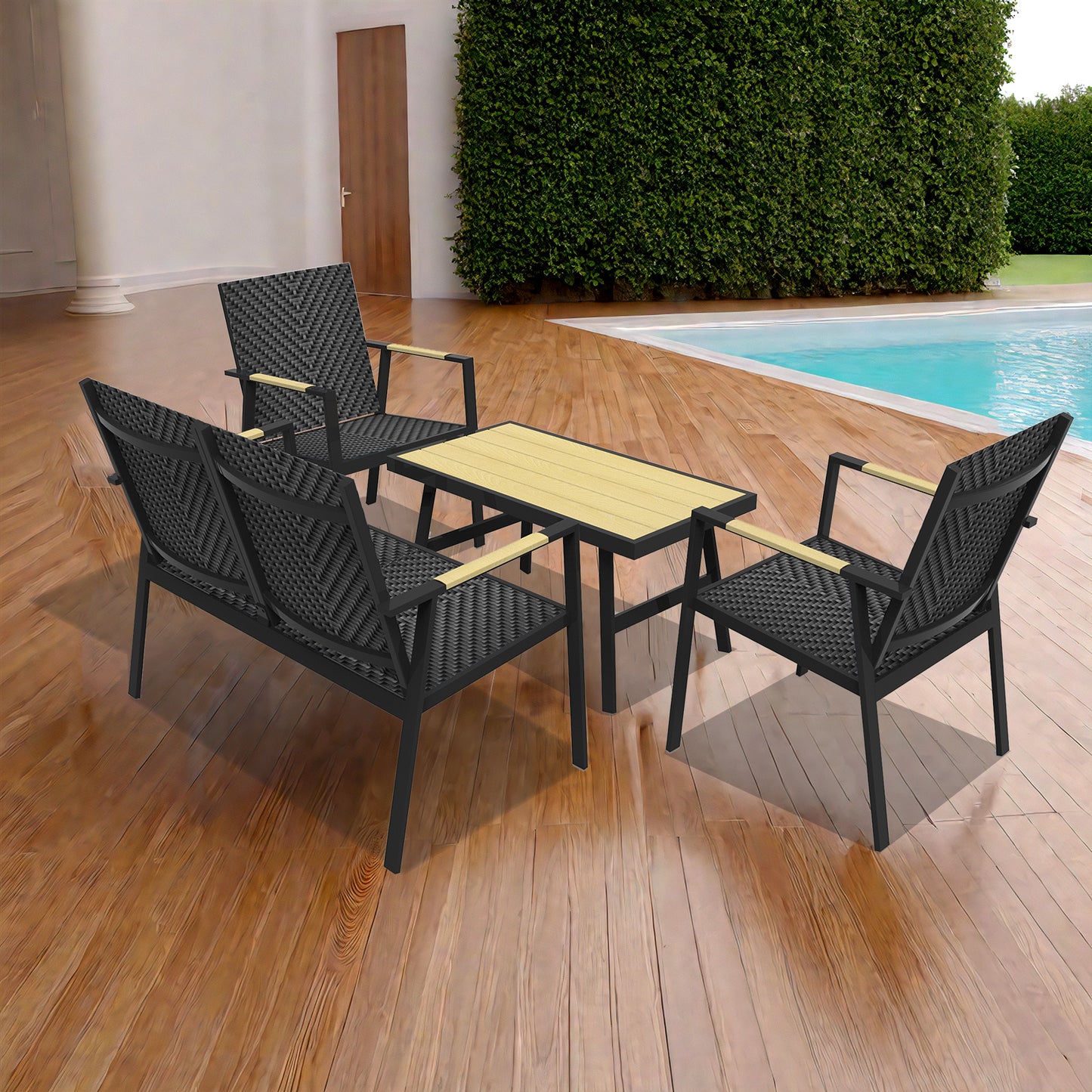 RANSENERS Premium 4tlg-Set Gartenmöbelset mit Vollemaluminium Rahmen und Polyrattan Sitzfläche für Garten Terrasse und Balkon (Schwarz)