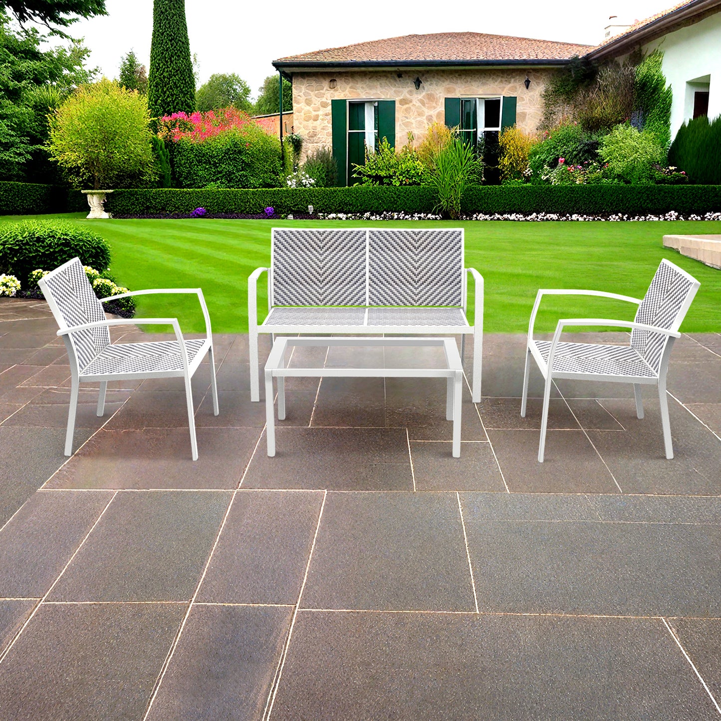 RANSENERS 4-Teilig Premium Gartenmöbelset mit Metallrahmen und Polyrattan Sitzfläche für Garten Terrasse und Balkon (Weiß)