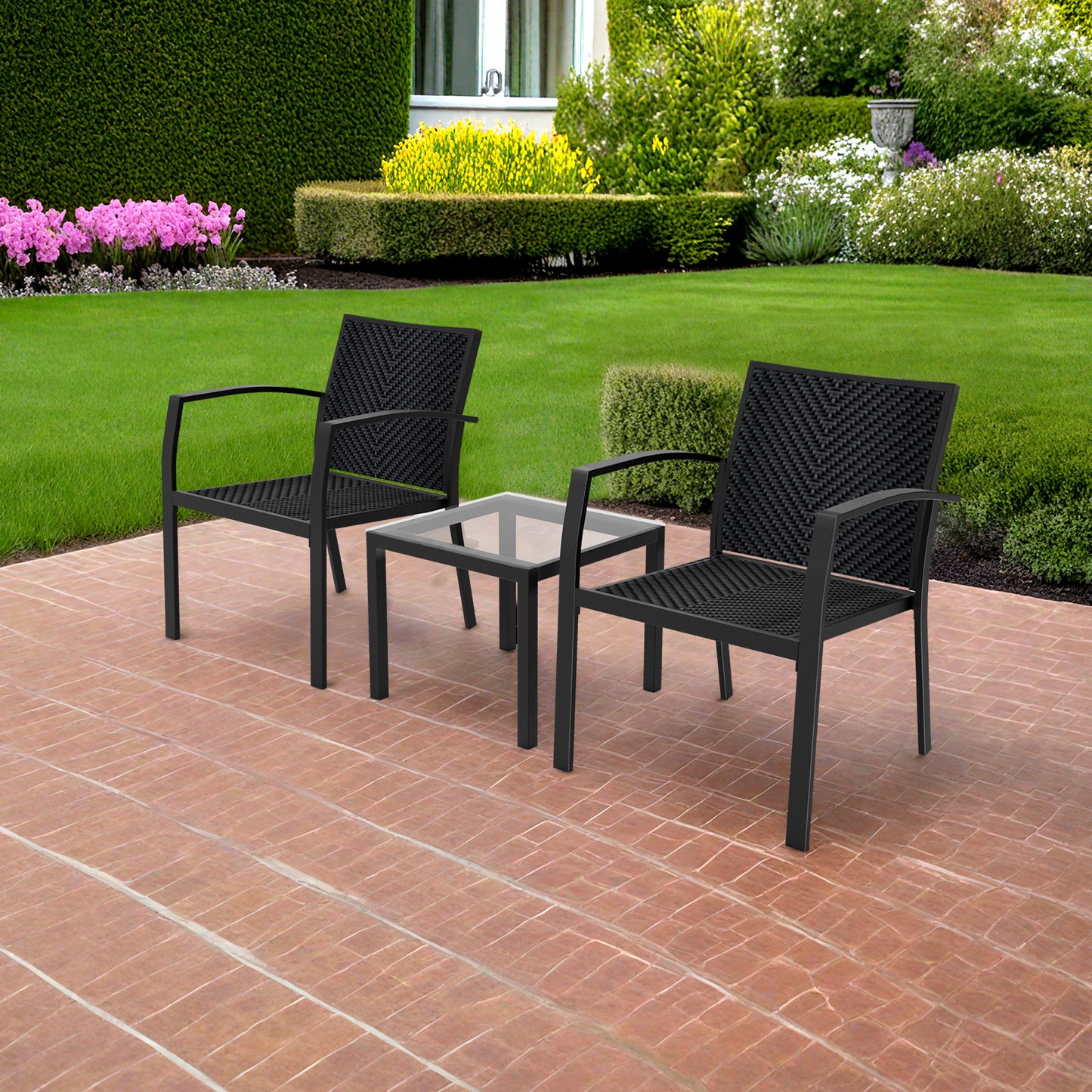 RANSENERS Balkonset mit 2 Stühlen und Tisch, Bistroset mit Legierter Stahl Rahmen und Polyrattan Sitzfläche für innen und außen