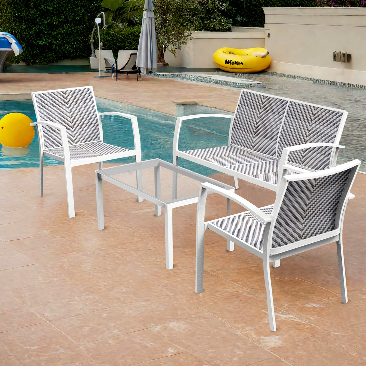 RANSENERS 4-Teilig Premium Gartenmöbelset mit Metallrahmen und Polyrattan Sitzfläche für Garten Terrasse und Balkon (Weiß)