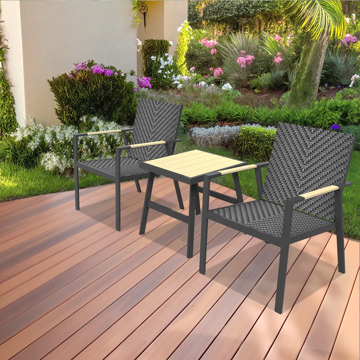 RANSENERS Premium Balkonset mit 2 Stühlen und Tisch, Bistroset mit Voll Aluminiumrahmen und Polyrattan Sitzfläche für innen und außen