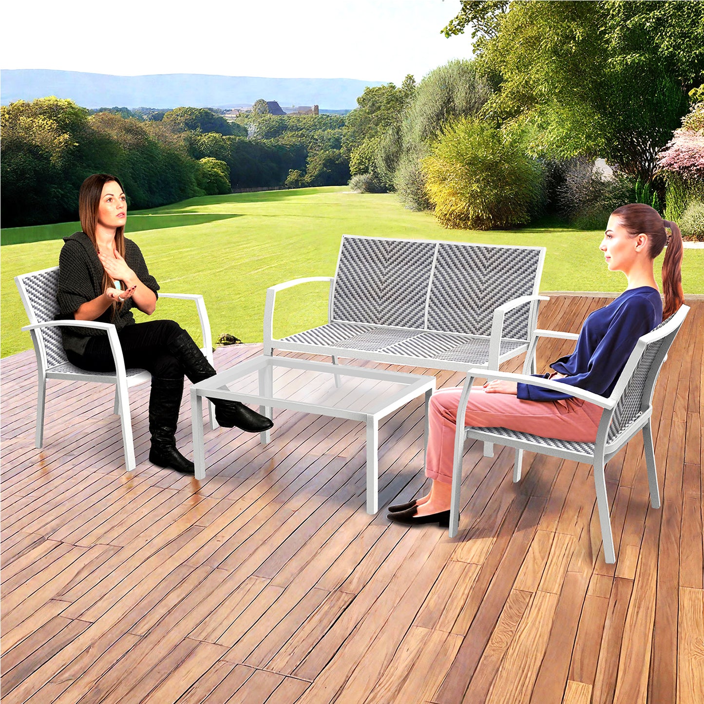RANSENERS 4-Teilig Premium Gartenmöbelset mit Metallrahmen und Polyrattan Sitzfläche für Garten Terrasse und Balkon (Weiß)