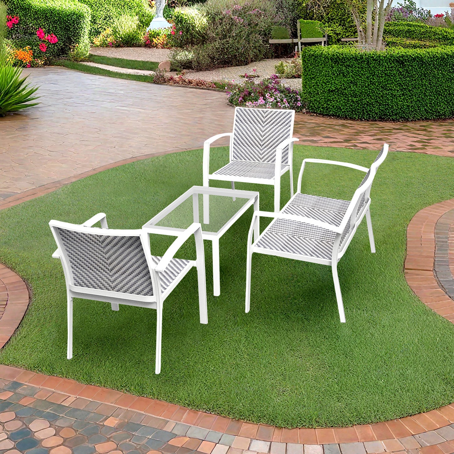 RANSENERS 4-Teilig Premium Gartenmöbelset mit Metallrahmen und Polyrattan Sitzfläche für Garten Terrasse und Balkon (Weiß)