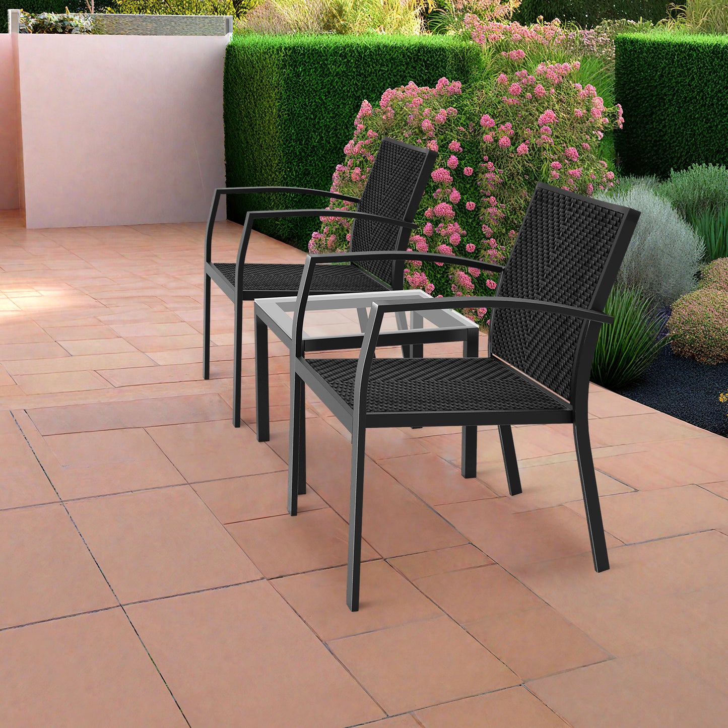 RANSENERS Balkonset mit 2 Stühlen und Tisch, Bistroset mit Legierter Stahl Rahmen und Polyrattan Sitzfläche für innen und außen