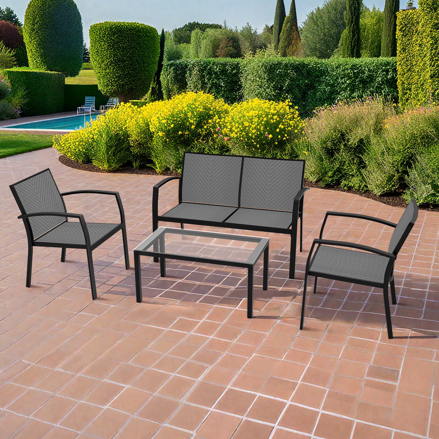 RANSENERS 4-Teilig Premium Gartenmöbelset mit Metallrahmen und Polyrattan Sitzfläche für Garten Terrasse und Balkon (Grau)