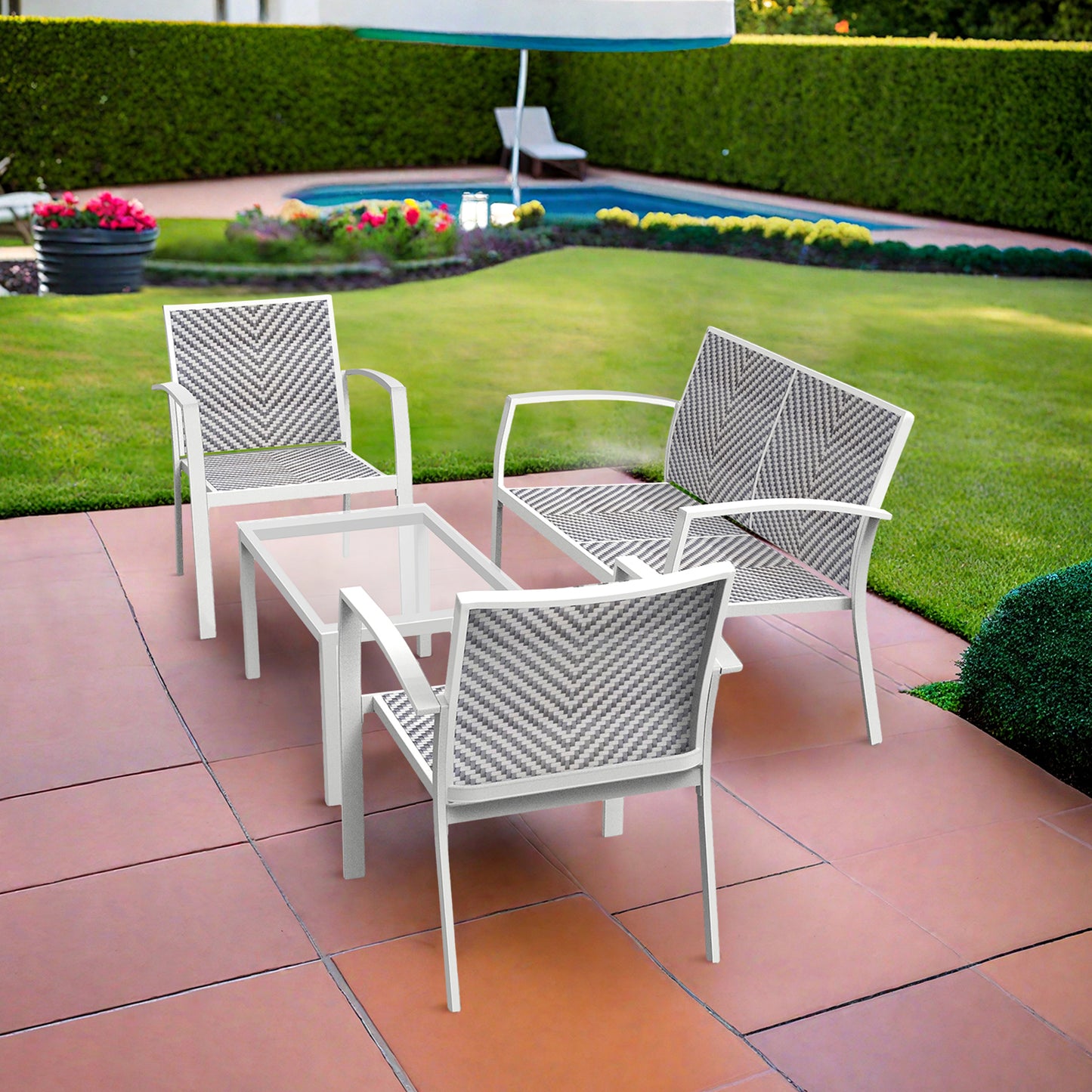 RANSENERS 4-Teilig Premium Gartenmöbelset mit Metallrahmen und Polyrattan Sitzfläche für Garten Terrasse und Balkon (Weiß)