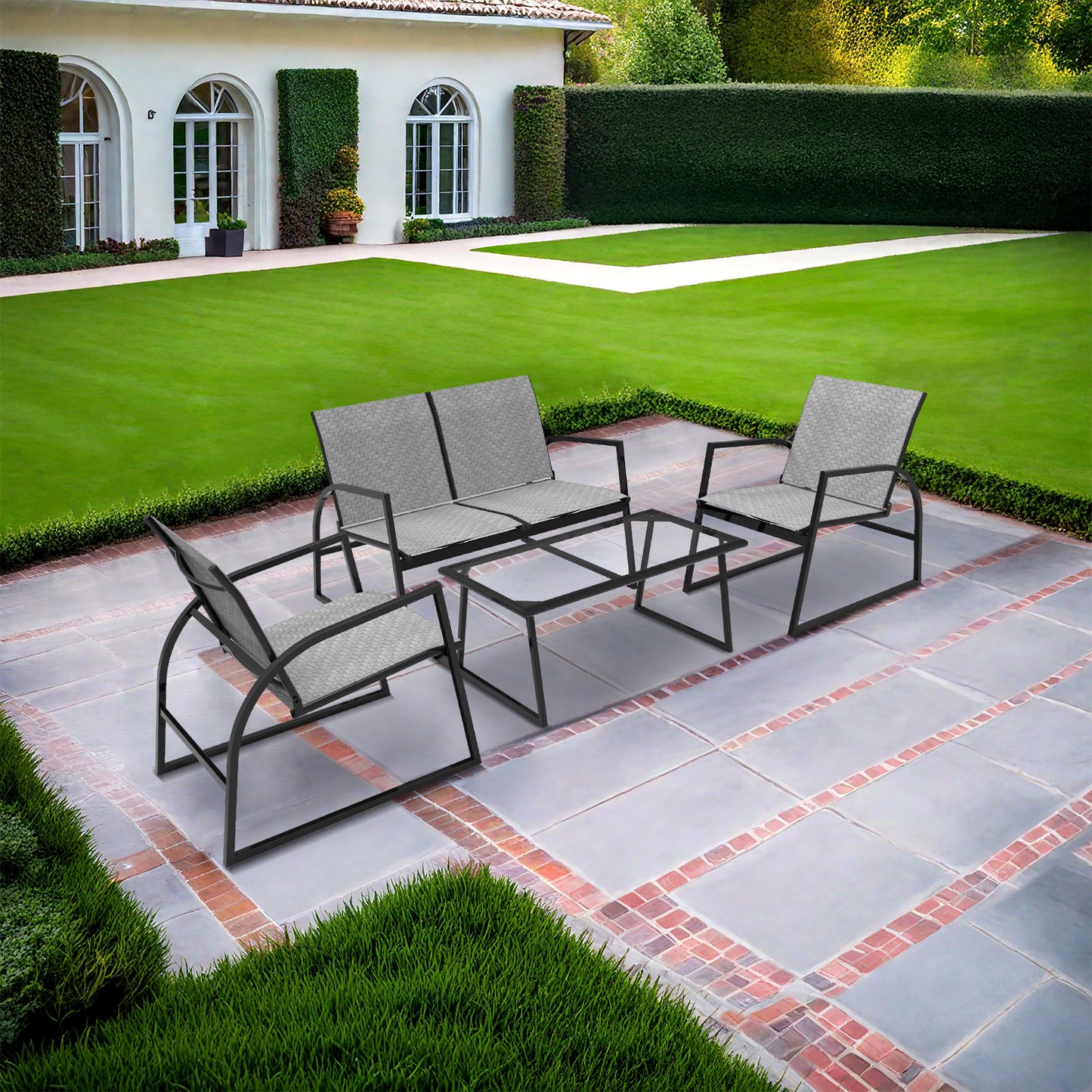 RANSENERS 4-Teilig Möbelset Sofagarnitur mit Doppelsofa Tisch und 2 Stühlen - Gartenmöbelset mit Legierter Stahl Rahmen und Polyrattan Sitzfläche für innen und außen