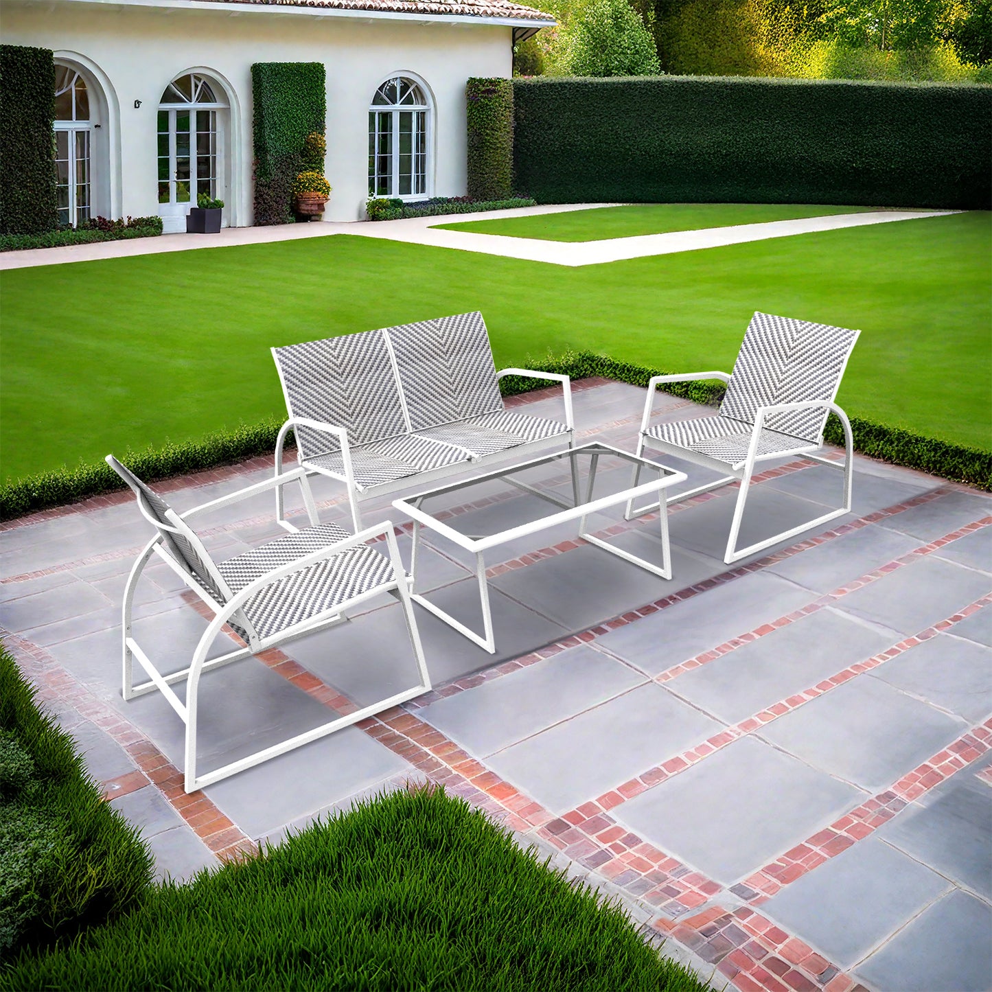 RANSENERS 4-Teilig Möbelset Sofagarnitur mit Doppelsofa Tisch und 2 Stühlen - Gartenmöbelset mit Legierter Stahl Rahmen und Polyrattan Sitzfläche für innen und außen