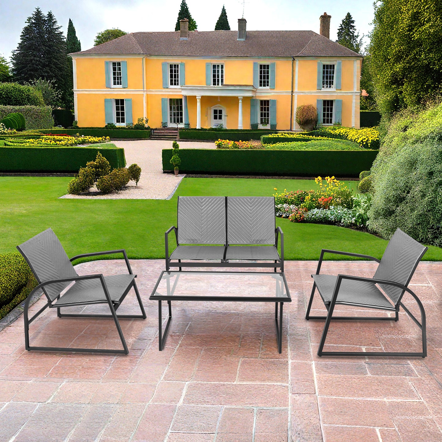 RANSENERS 4-Teilig Möbelset Sofagarnitur mit Doppelsofa Tisch und 2 Stühlen - Gartenmöbelset mit Legierter Stahl Rahmen und Polyrattan Sitzfläche für innen und außen
