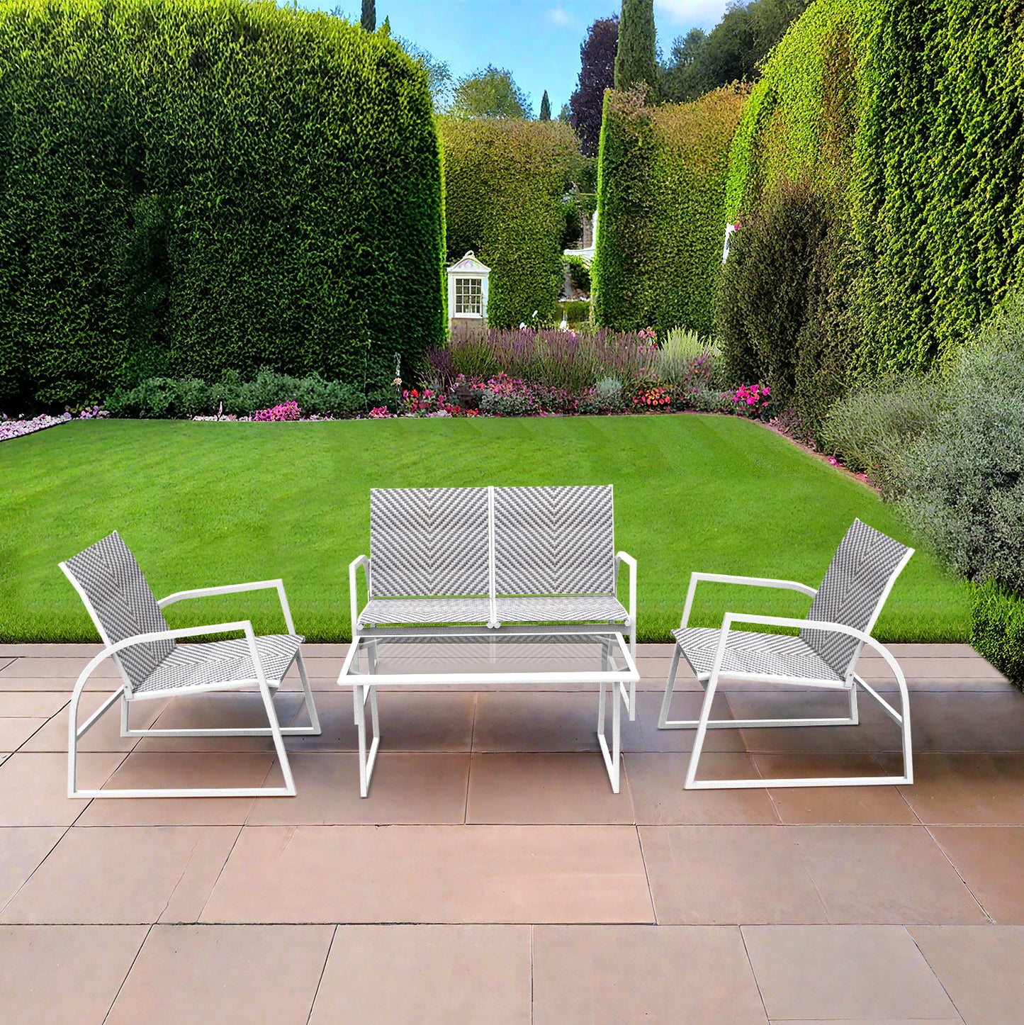 RANSENERS 4-Teilig Möbelset Sofagarnitur mit Doppelsofa Tisch und 2 Stühlen - Gartenmöbelset mit Legierter Stahl Rahmen und Polyrattan Sitzfläche für innen und außen