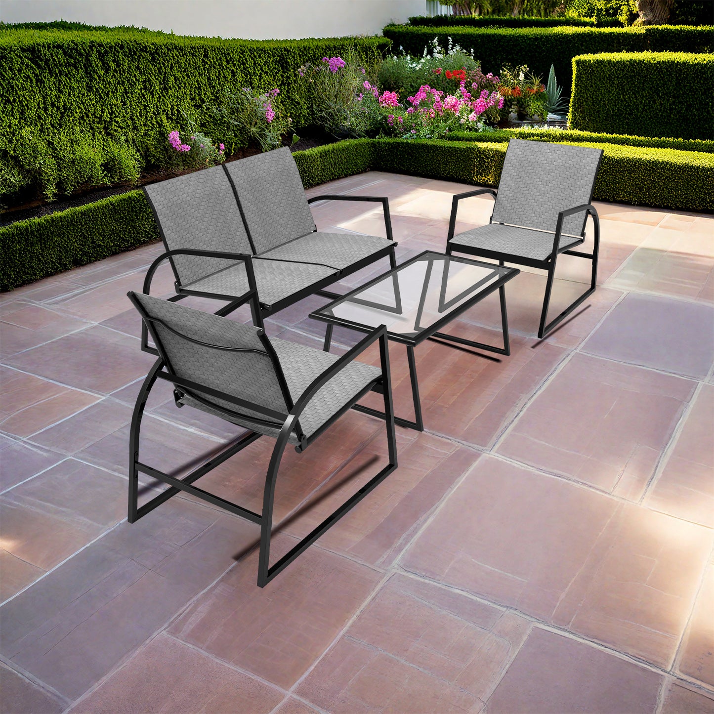 RANSENERS 4-Teilig Möbelset Sofagarnitur mit Doppelsofa Tisch und 2 Stühlen - Gartenmöbelset mit Legierter Stahl Rahmen und Polyrattan Sitzfläche für innen und außen