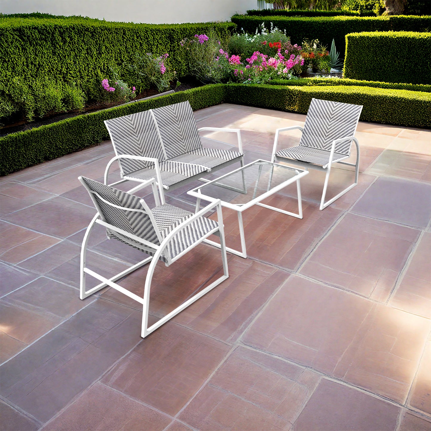 RANSENERS 4-Teilig Möbelset Sofagarnitur mit Doppelsofa Tisch und 2 Stühlen - Gartenmöbelset mit Legierter Stahl Rahmen und Polyrattan Sitzfläche für innen und außen