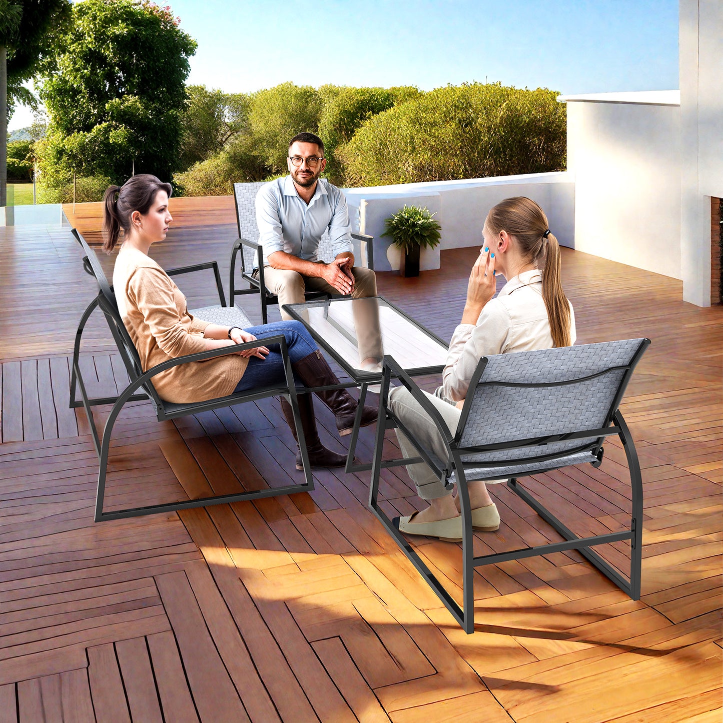 RANSENERS 4-Teilig Möbelset Sofagarnitur mit Doppelsofa Tisch und 2 Stühlen - Gartenmöbelset mit Legierter Stahl Rahmen und Polyrattan Sitzfläche für innen und außen