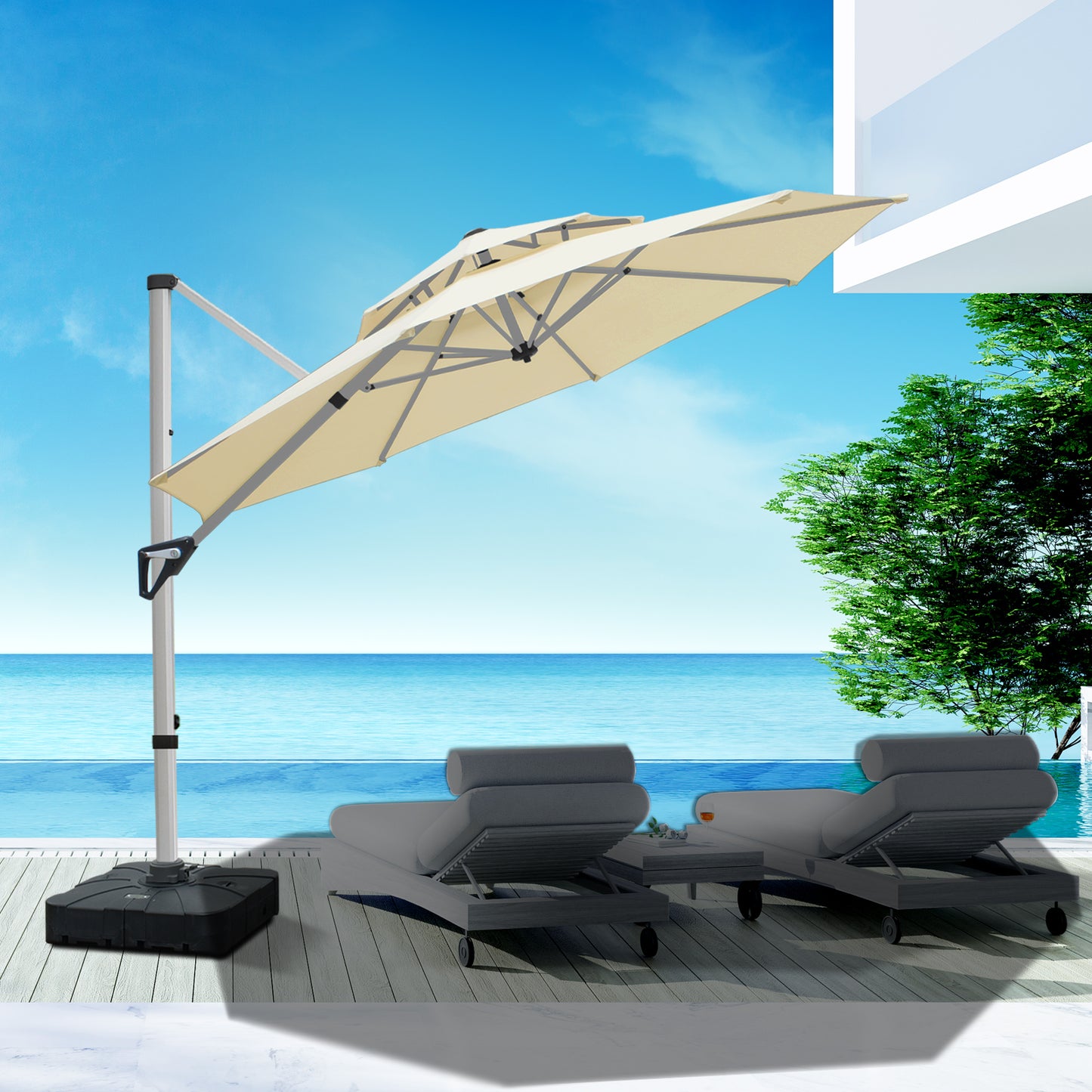 RANSENERS Premium Ampelschirm mit Kreuzfuß, Rund Ø 300cm, mit 360° Drehbar, UV-Schutz UPF50+ (Creme)