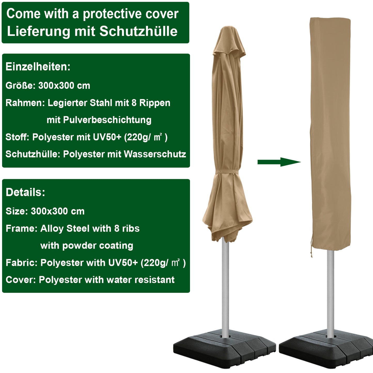 RANSENERS Premium Großer Sonnenschirm 300x300cm mit Schirmständer - Gartenschirm mit Hochwertiger Rahmen und 8 Rippen - mit UV50+ Schutz (Beige)