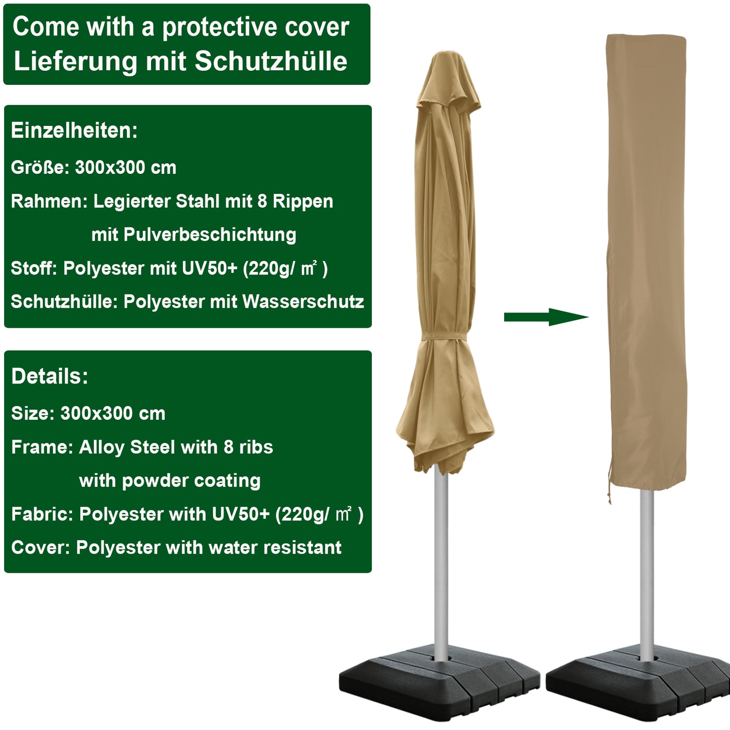 RANSENERS Premium Sonnenschirm mit Schirmständer, Quadratisch 300 x 300 cm Gartenschirm, UV-Schutz UPF50+ (Beige)