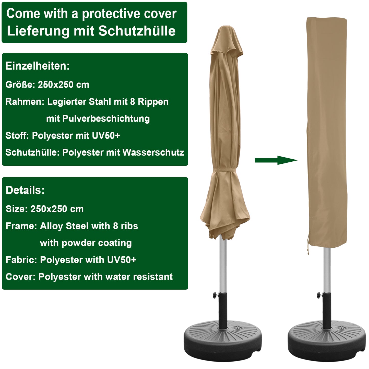 RANSENERS Kippbarer Sonnenschirm mit Schirmständer, Quadratisch 250 x 250 cm, Gartenschirm mit 8 Rippe, UV-Schutz UPF50+ (Beige)