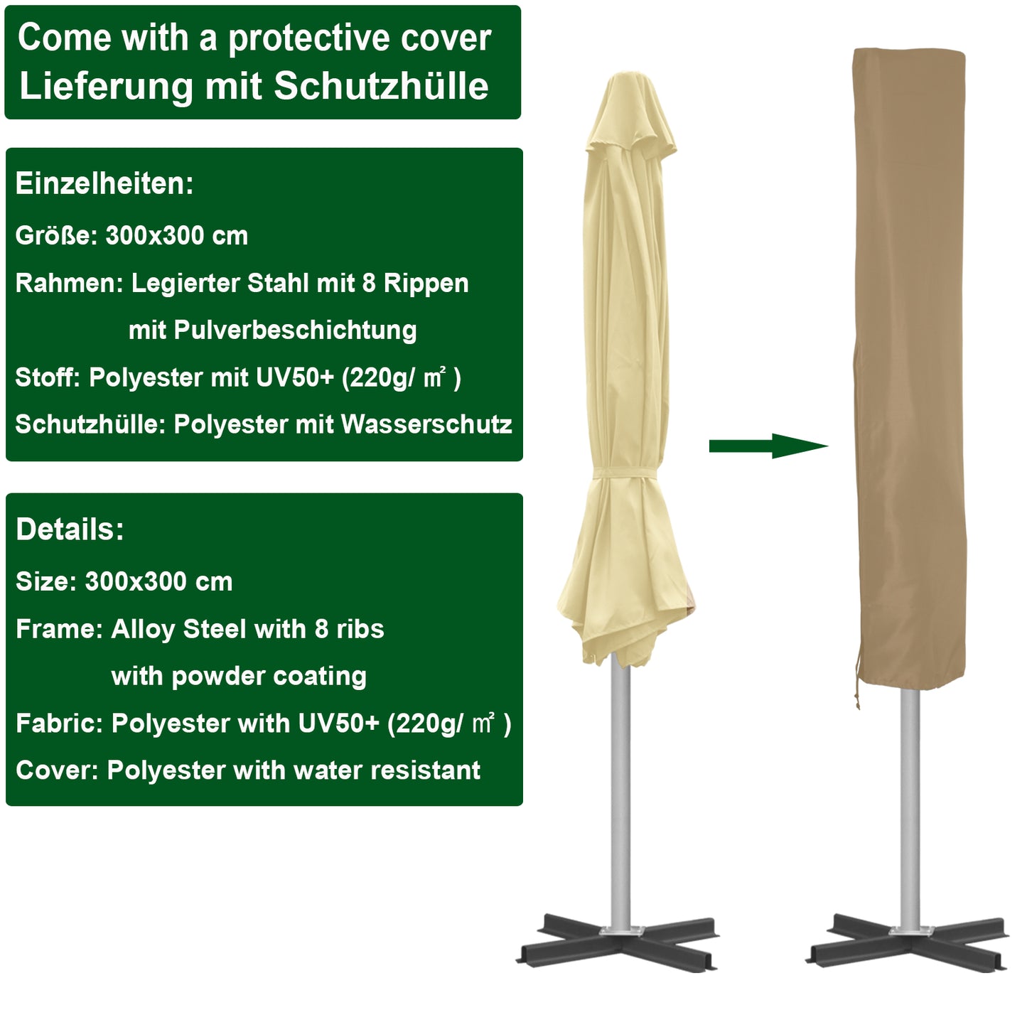 RANSENERS Premium Sonnenschirm mit Kreuzfuß, Quadratisch 300 x 300 cm Gartenschirm, UV-Schutz UPF50+ (Creme)