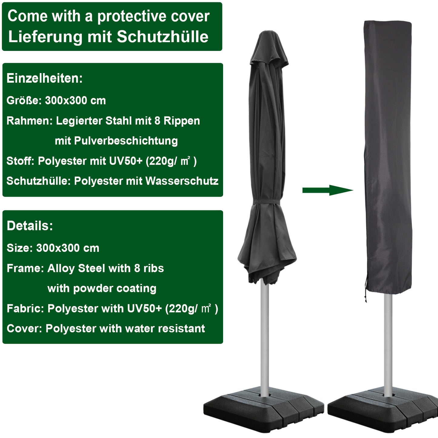 RANSENERS Premium Großer Sonnenschirm 300x300cm mit Schirmständer - Gartenschirm mit Hochwertiger Rahmen und 8 Rippen - mit UV50+ Schutz (Grau)