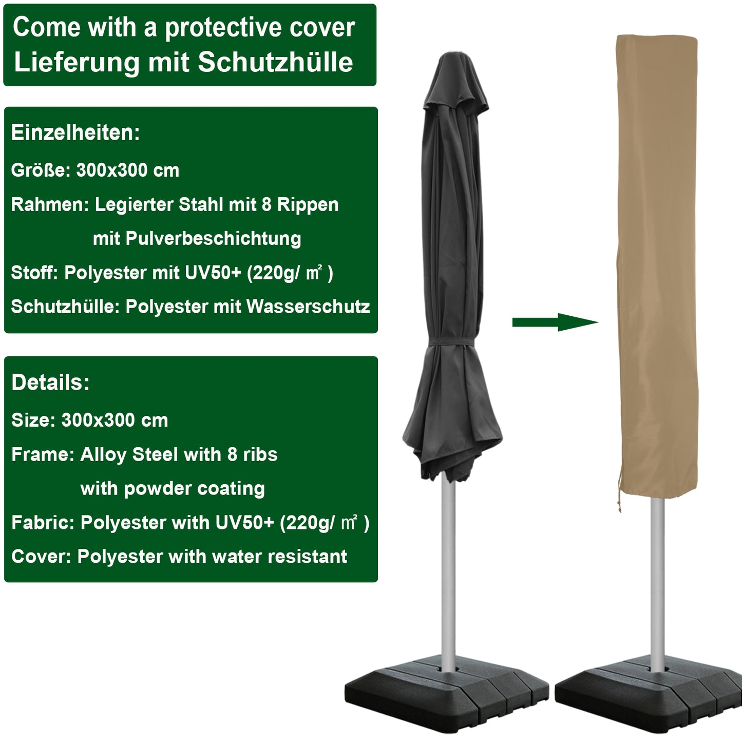 RANSENERS Premium Sonnenschirm mit Schirmständer, Quadratisch 300 x 300 cm Gartenschirm, UV-Schutz UPF50+ (Grau)
