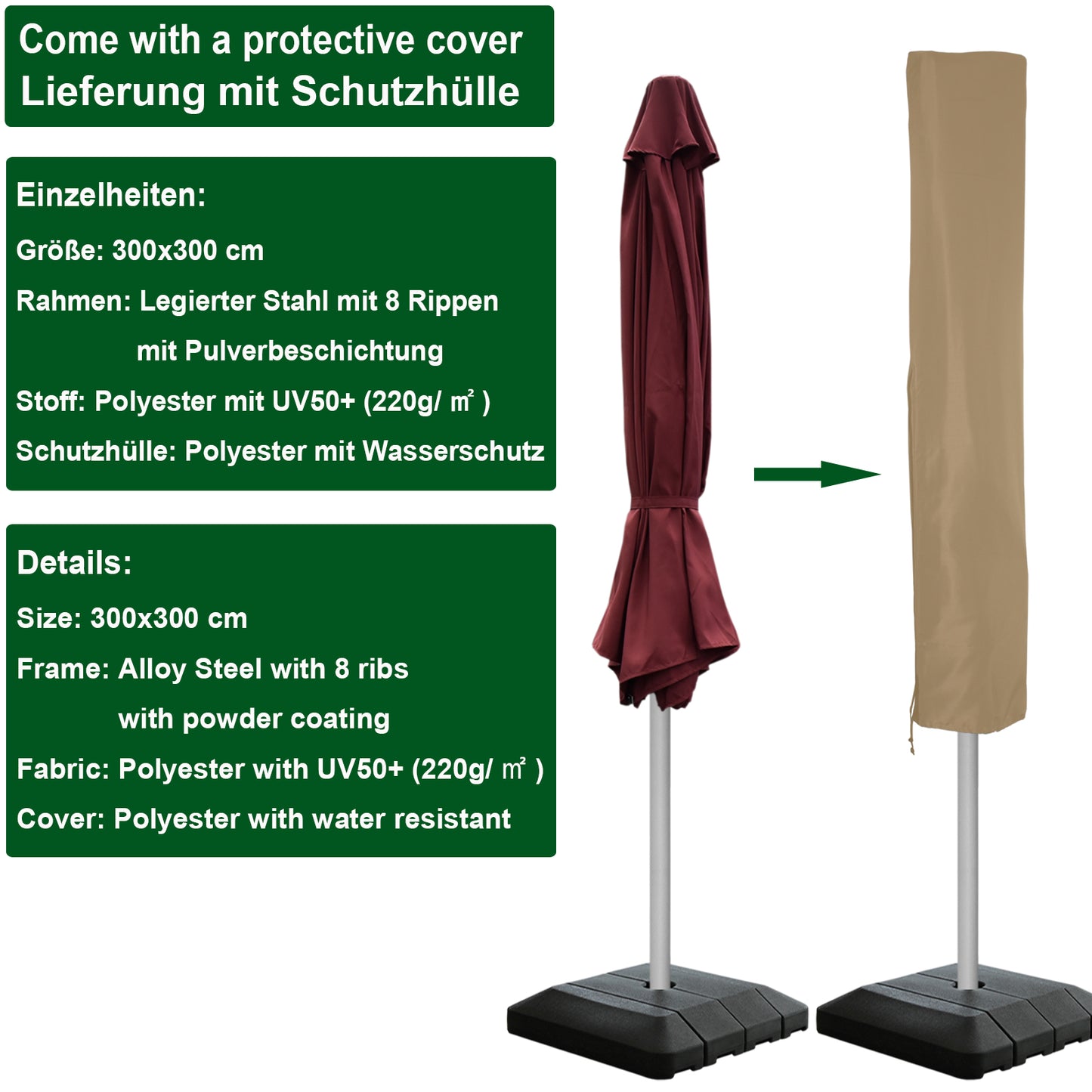 RANSENERS Premium Sonnenschirm mit Schirmständer, Quadratisch 300 x 300 cm Gartenschirm, UV-Schutz UPF50+ (Rotwein)