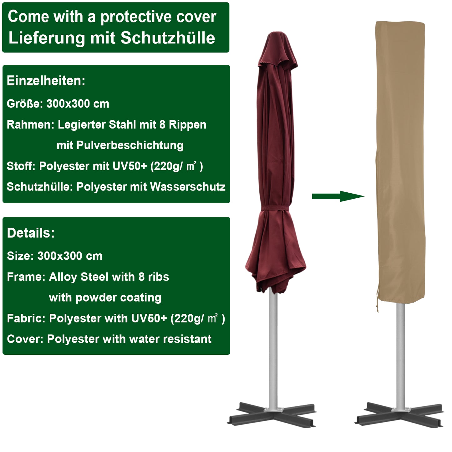 RANSENERS Premium Sonnenschirm mit Kreuzfuß, Quadratisch 300 x 300 cm Gartenschirm, UV-Schutz UPF50+ (Rotwein)