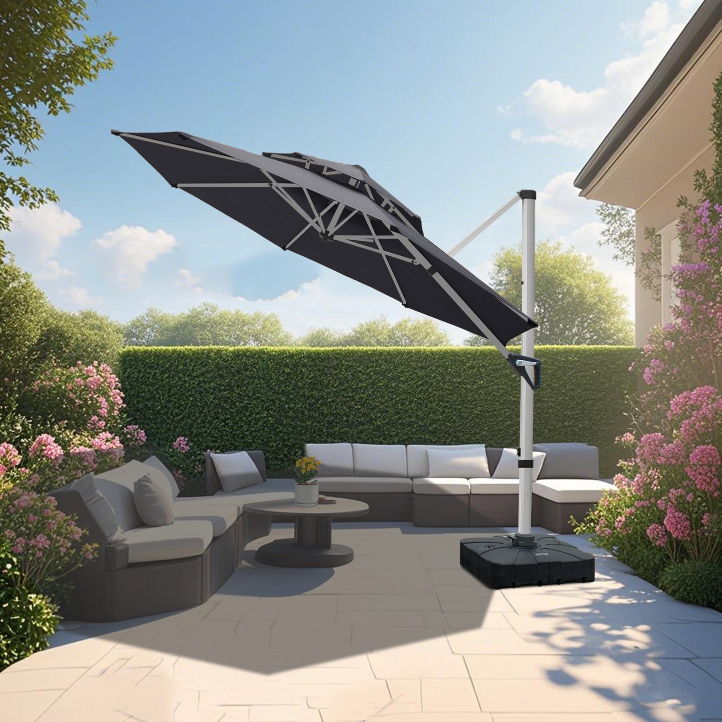 RANSENERS Ampelschirm 300 cm, mit Schirmständer, Doppelter Baldachin, Drehbar 360°, Neigbar 0°-90°, Aluminium Rahmen, Extra-Dicker Gewebe, UV50+, für Garten, Terrasse, Cafe im Freien