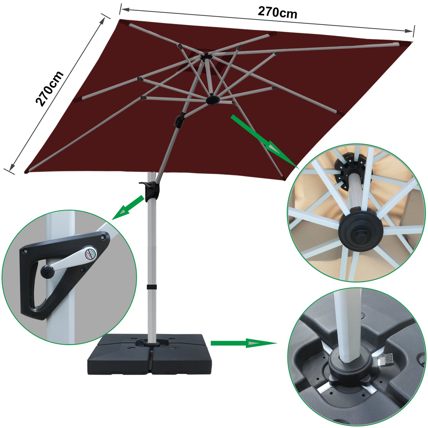 RANSENERS Premium Ampelschirm mit Schirmständer, Quadratisch 270 x 270 cm, mit 360° Drehbar, UV-Schutz UPF50+ (Rotwein)