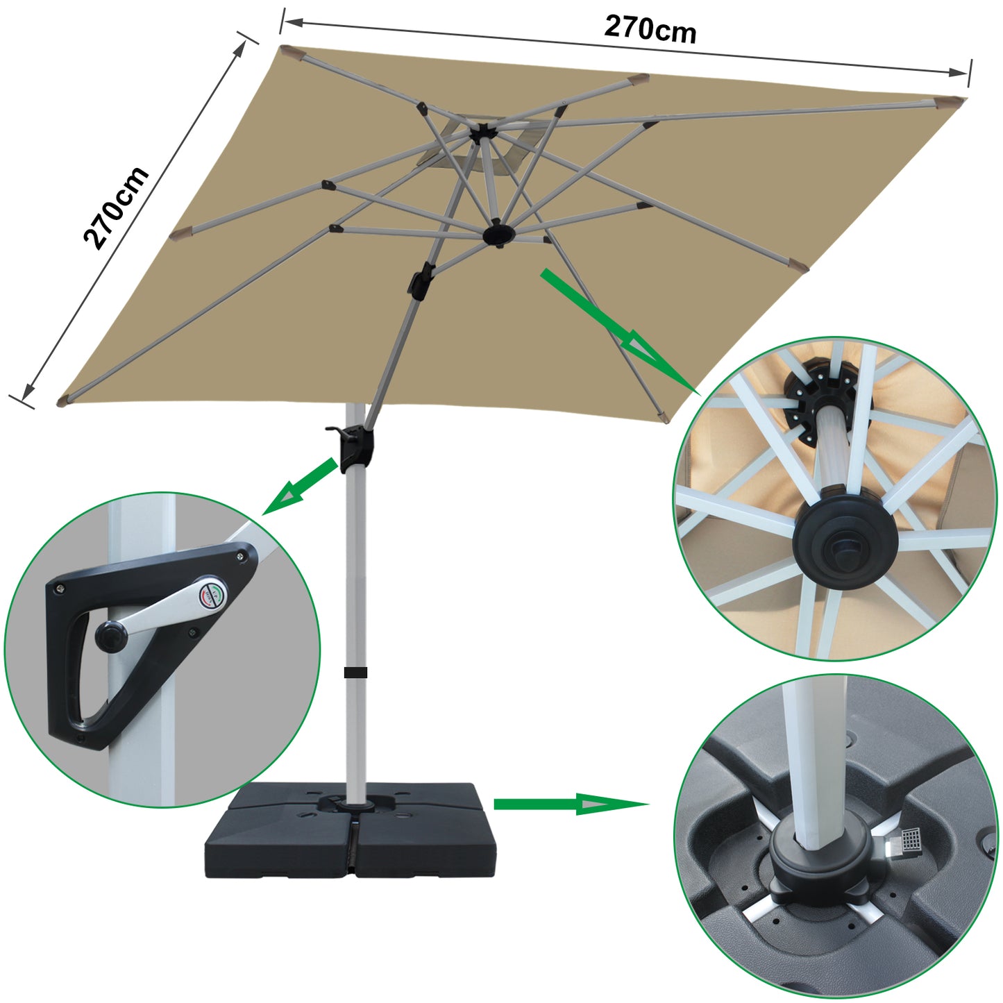 RANSENERS Premium Ampelschirm mit Schirmständer, Quadratisch 270 x 270 cm, mit 360° Drehbar, UV-Schutz UPF50+ (Beige)