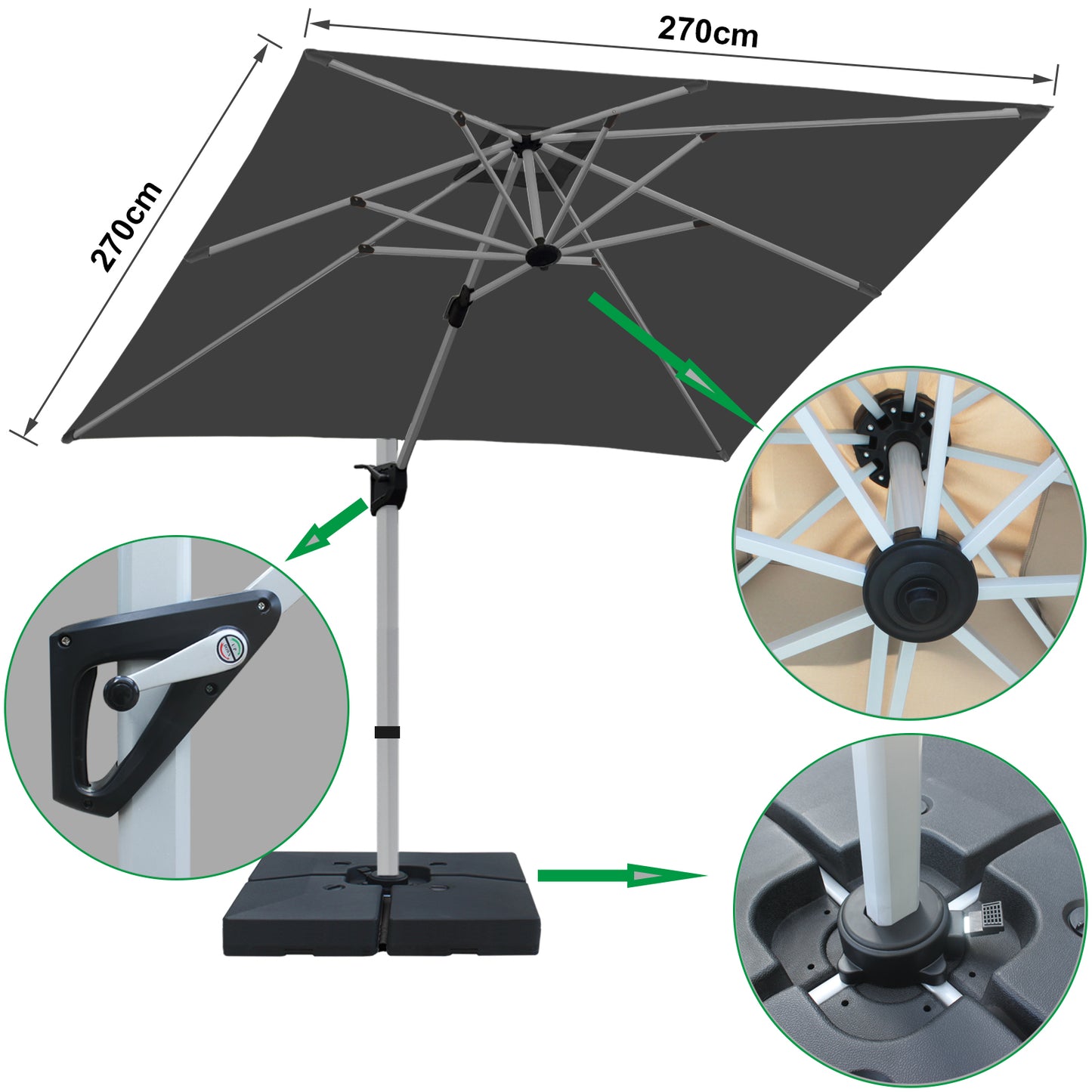 RANSENERS Premium Ampelschirm mit Schirmständer, Quadratisch 270 x 270 cm, mit 360° Drehbar, UV-Schutz UPF50+ (Grau)