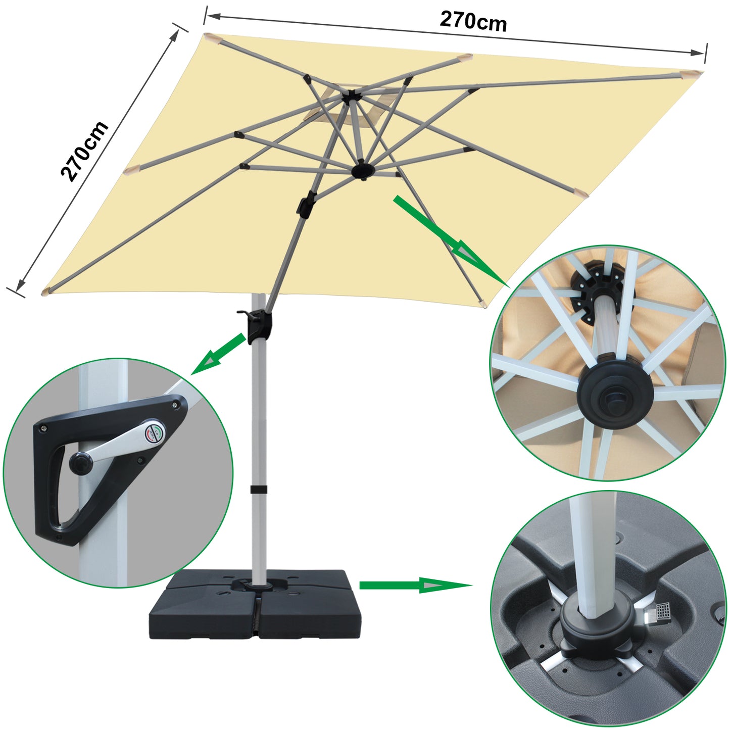 RANSENERS Premium Ampelschirm mit Schirmständer, Quadratisch 270 x 270 cm, mit 360° Drehbar, UV-Schutz UPF50+ (Creme)