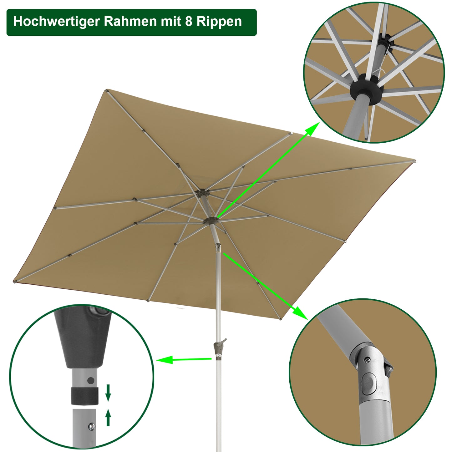 RANSENERS Kippbarer Sonnenschirm mit Schirmständer, Quadratisch 250 x 250 cm, Gartenschirm mit 8 Rippe, UV-Schutz UPF50+ (Beige)